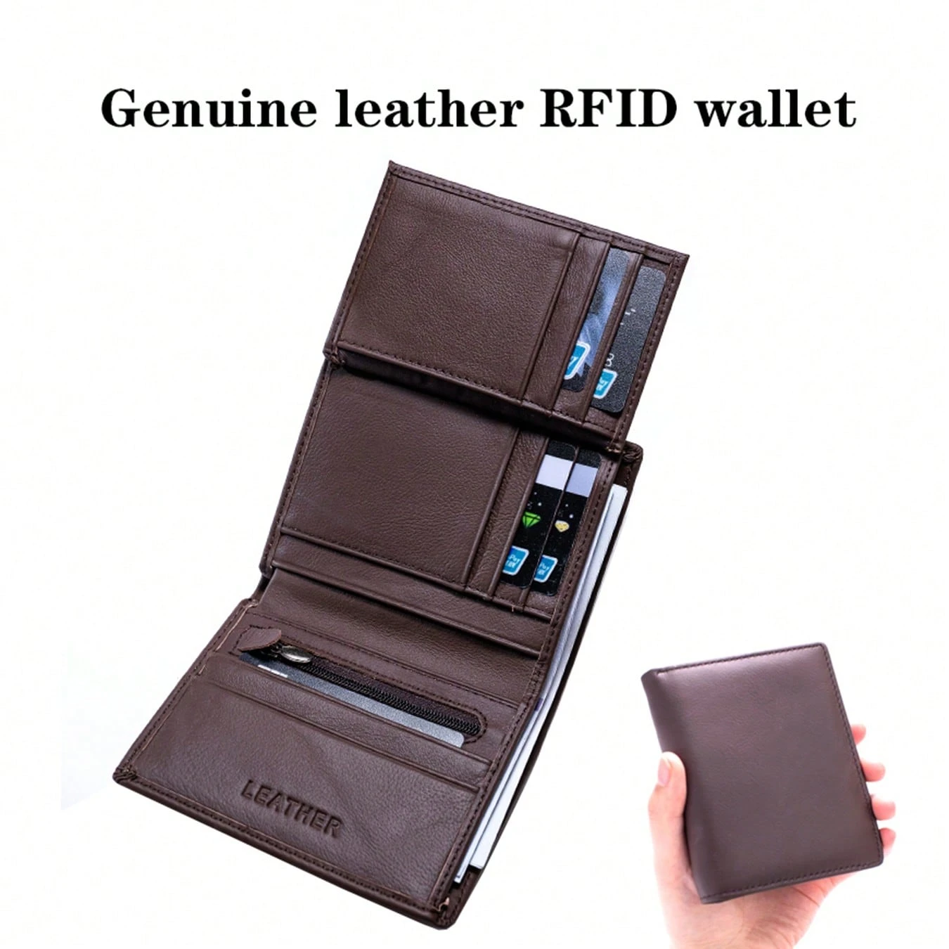 Portefeuille pliant en cuir véritable à 3 volets avec protection RFID et porte-monnaie à — vue 7