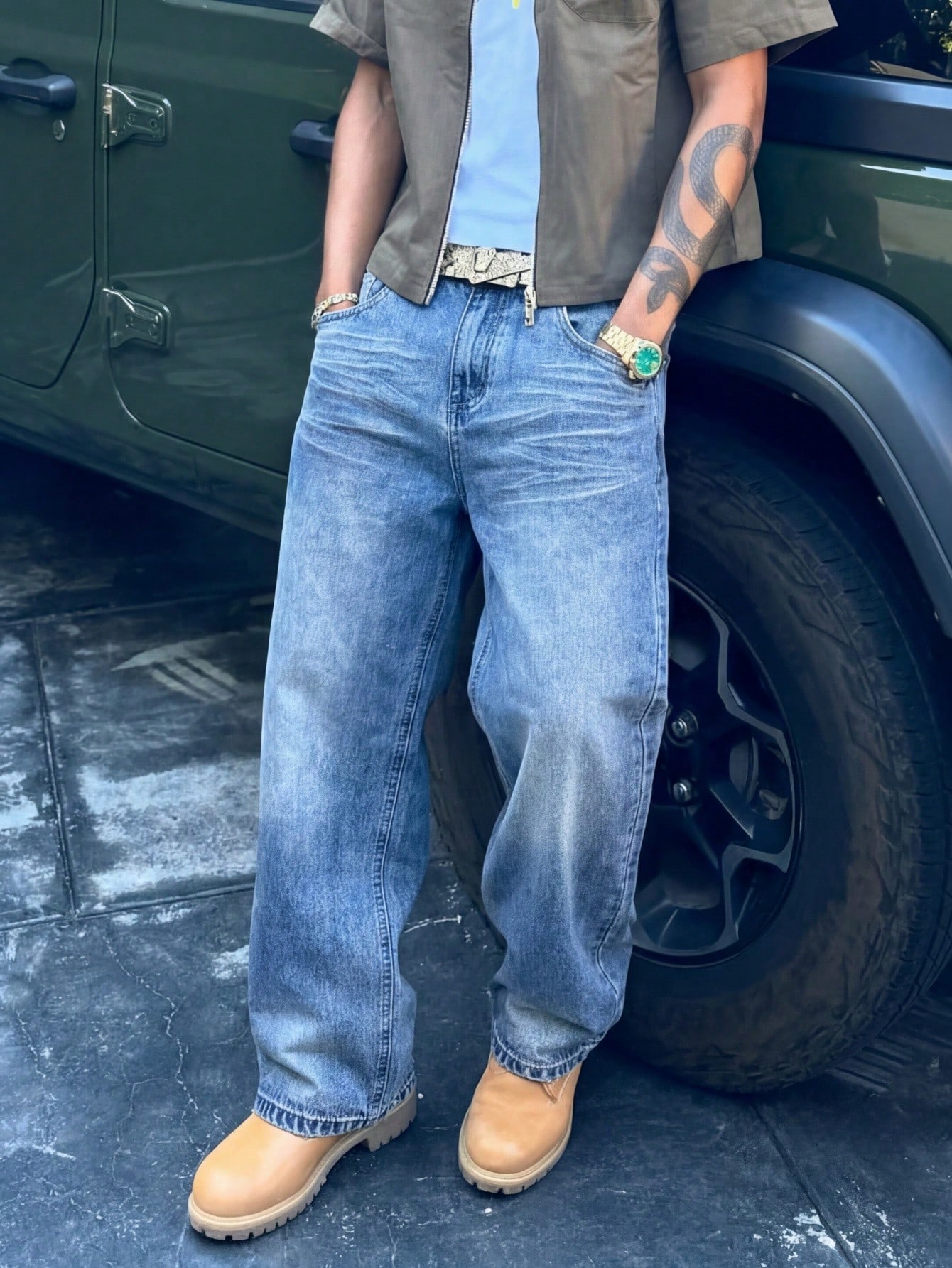Jean en denim vintage lavé à jambes larges, décontracté, ample et droit pour hommes, — vue 2