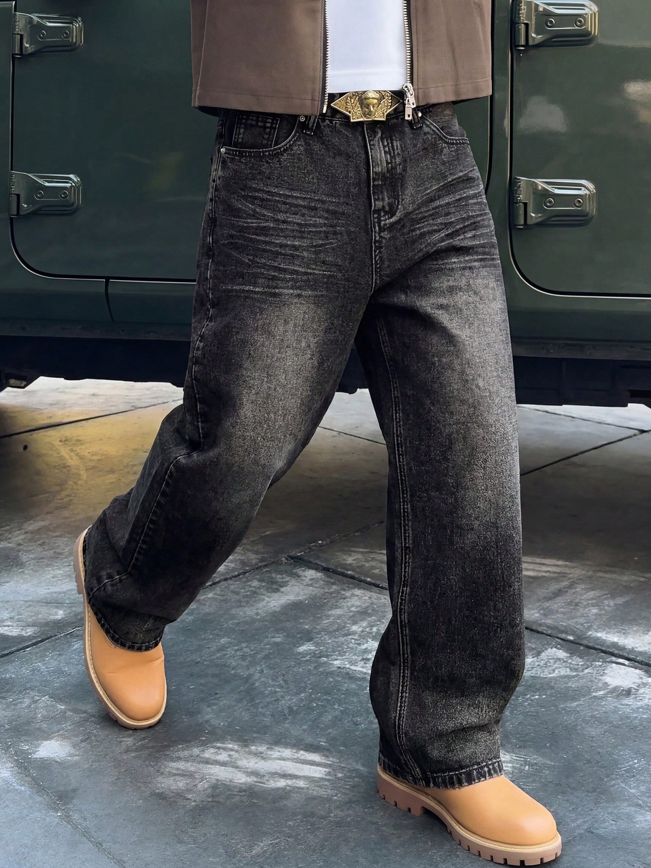 Jean en denim vintage lavé à jambes larges, décontracté, ample et droit pour hommes, — vue 4