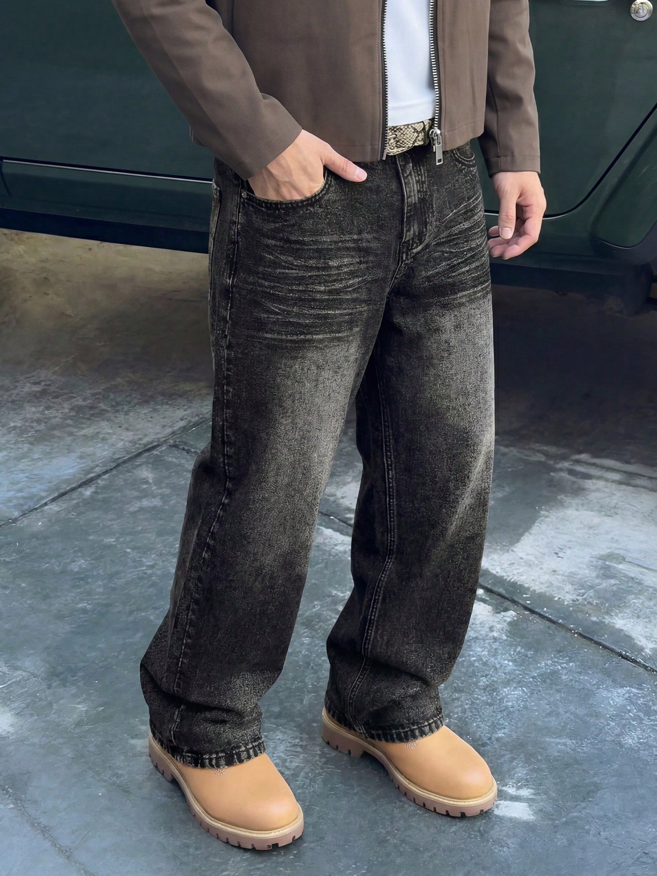 Jean en denim vintage lavé à jambes larges, décontracté, ample et droit pour hommes, — vue 3