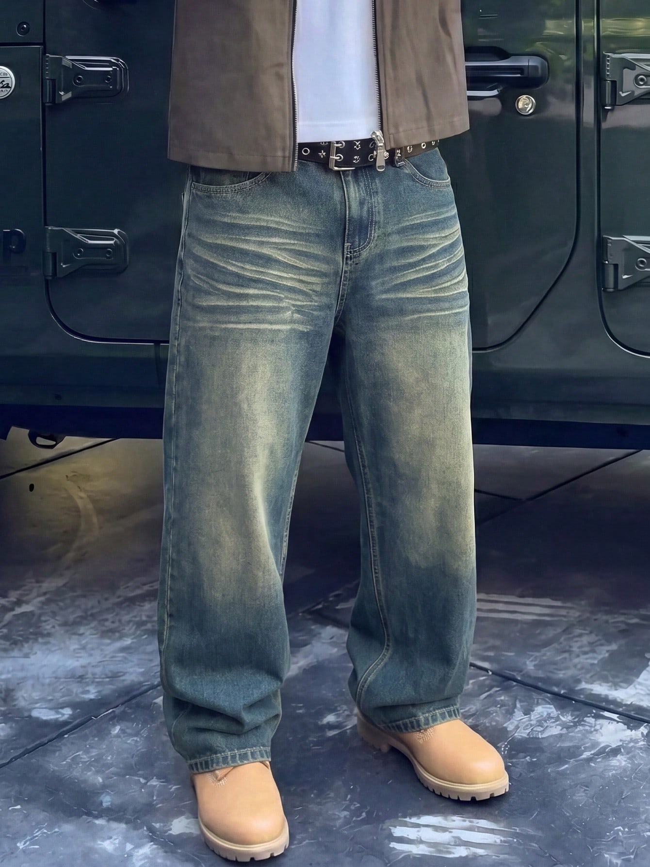 Jean en denim vintage lavé à jambes larges, décontracté, ample et droit pour hommes, — vue 7