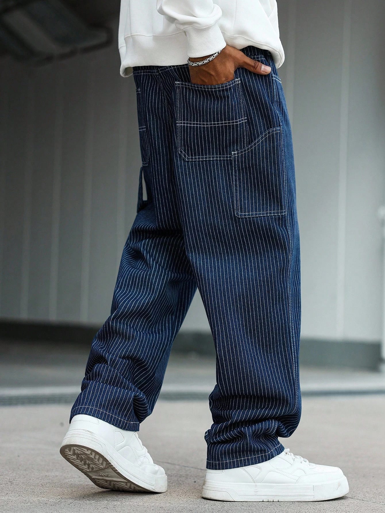 QuarKem Jeans décontractés pour hommes à rayures verticales et multi-poches, mode de rue