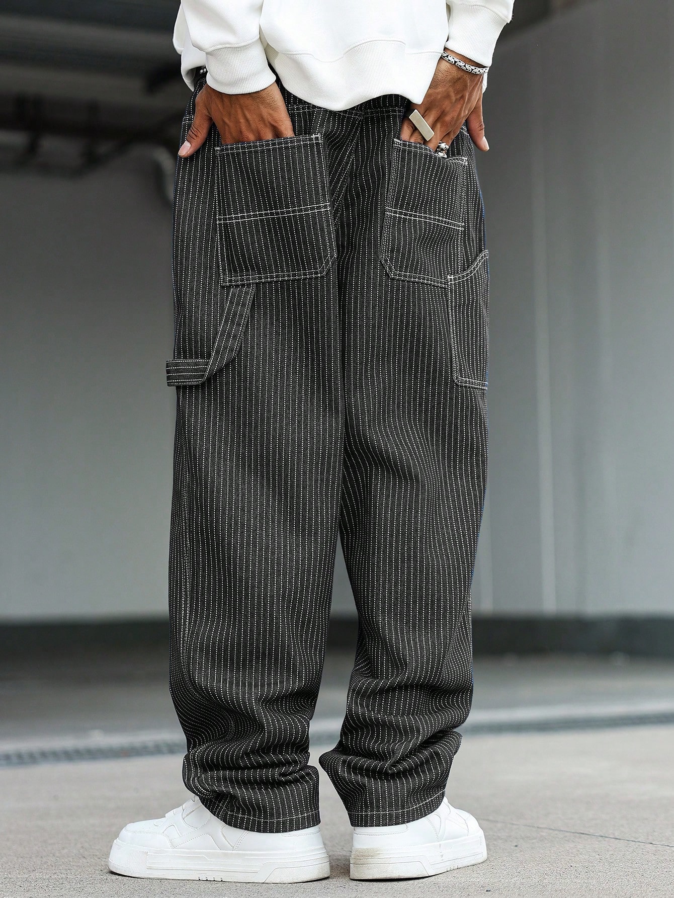 QuarKem Jeans décontractés pour hommes à rayures verticales et multi-poches, mode de rue — vue 14