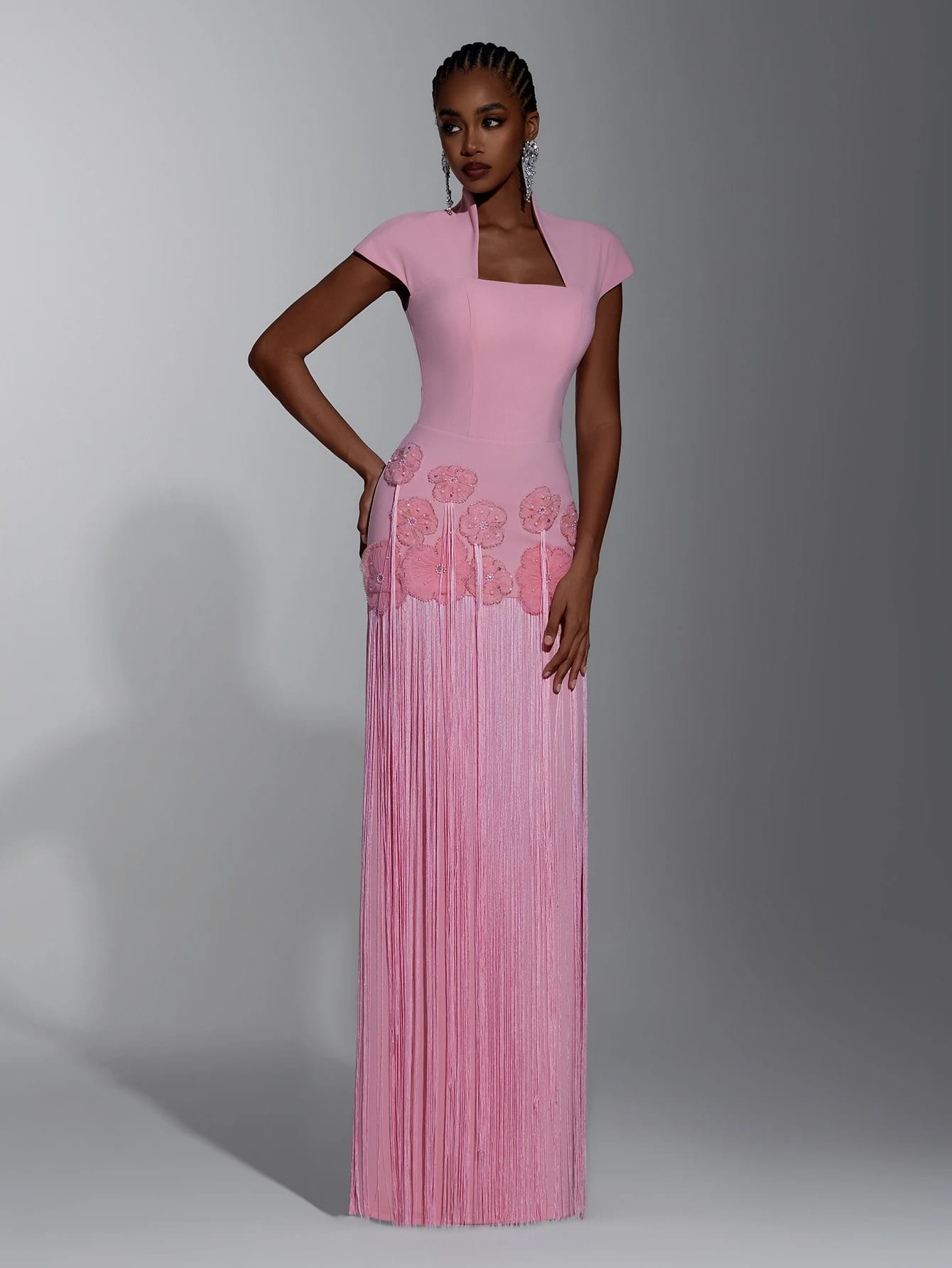 Elitara Robe de soirée longue moulante élégante pour femme, rose, en maille, col carré,