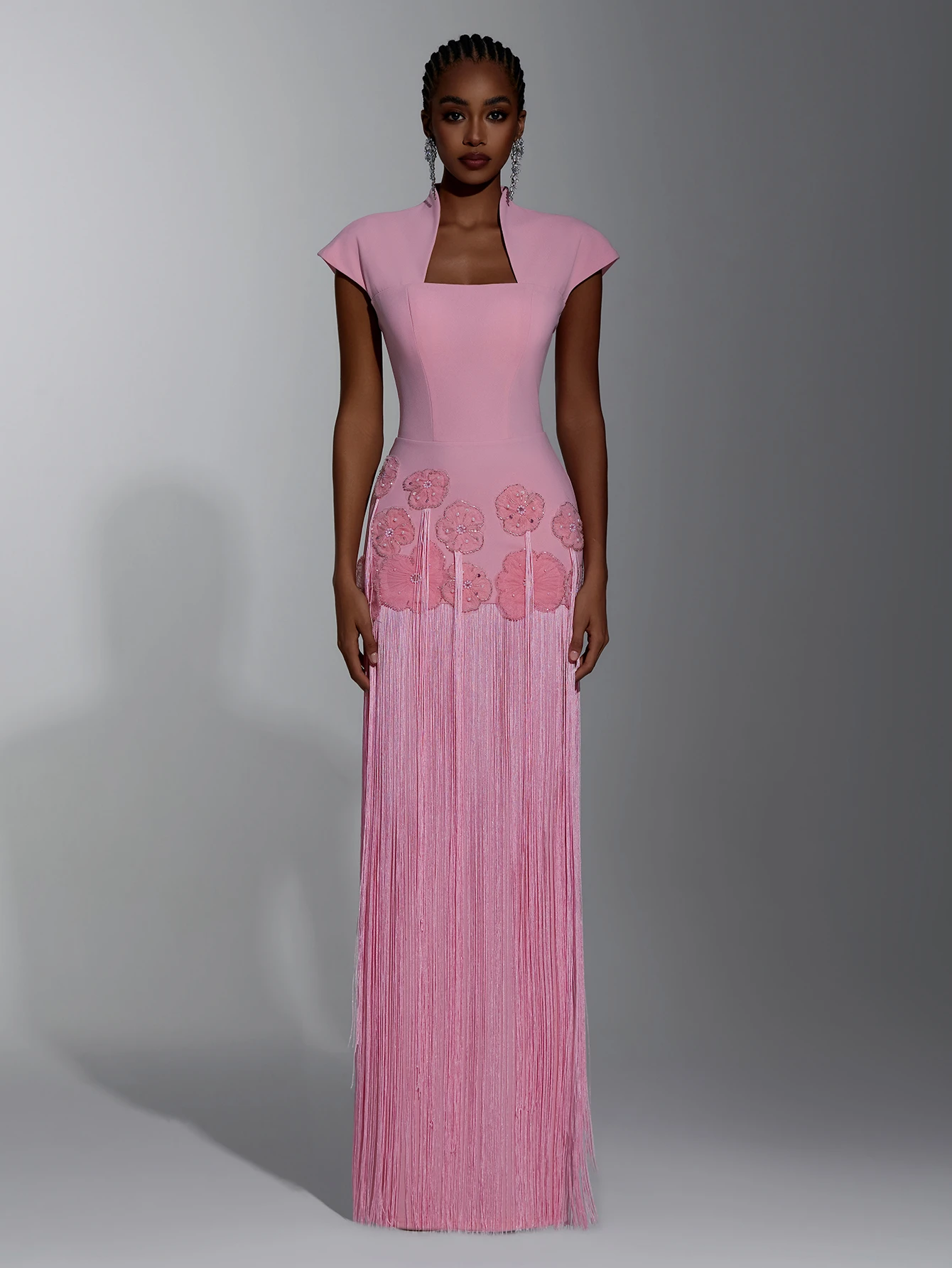Elitara Robe de soirée longue moulante élégante pour femme, rose, en maille, col carré, — vue 6