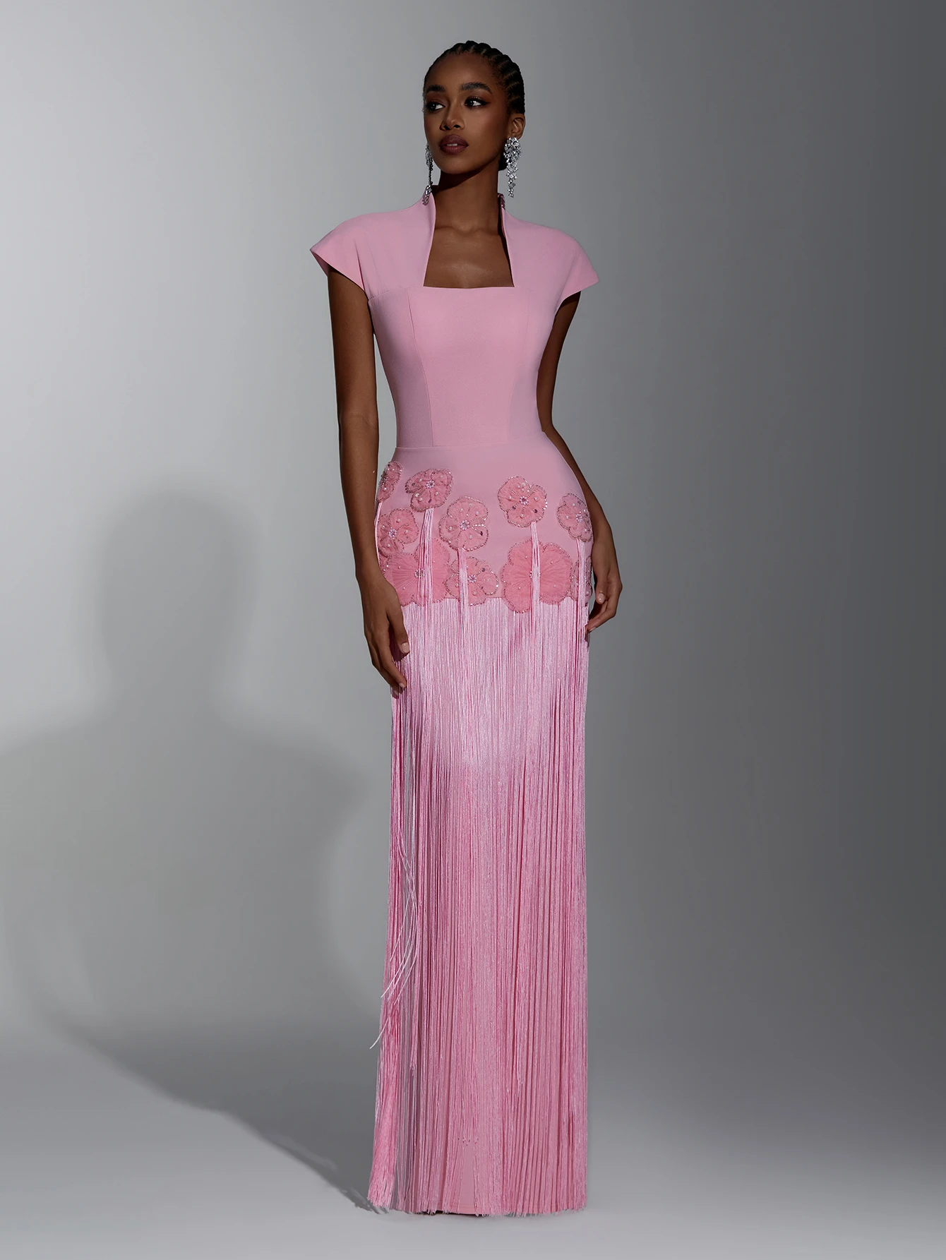 Elitara Robe de soirée longue moulante élégante pour femme, rose, en maille, col carré, — vue 5