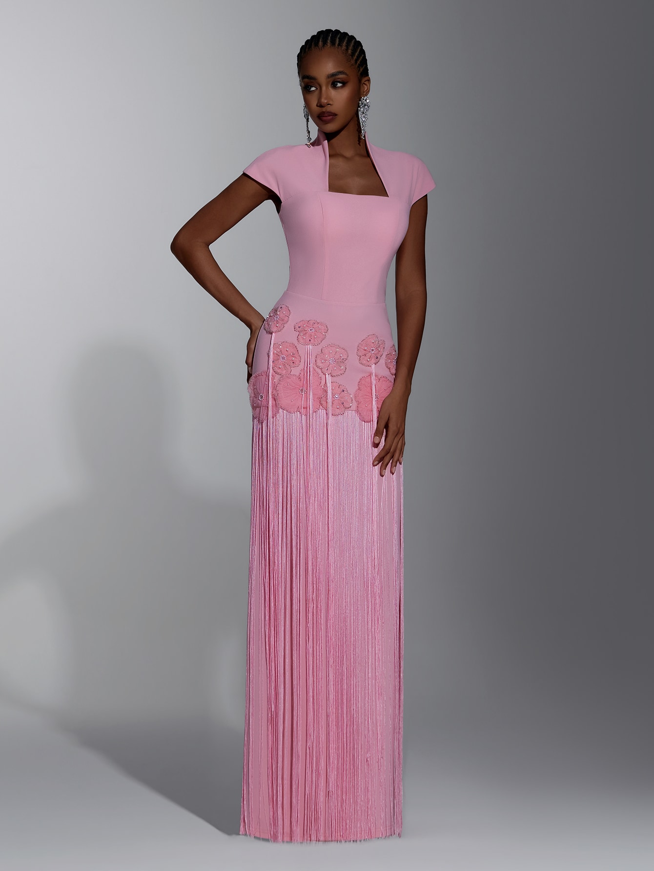 Elitara Robe de soirée longue moulante élégante pour femme, rose, en maille, col carré, — vue 8