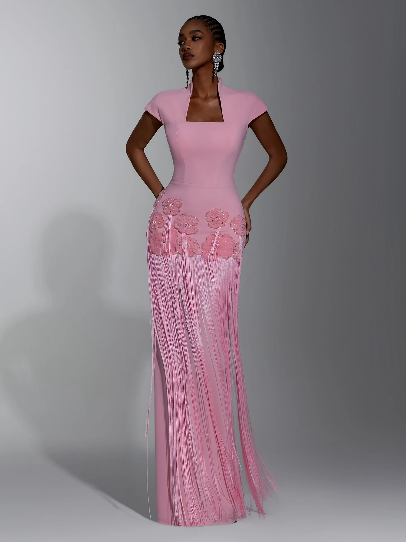 Elitara Robe de soirée longue moulante élégante pour femme, rose, en maille, col carré, — vue 7
