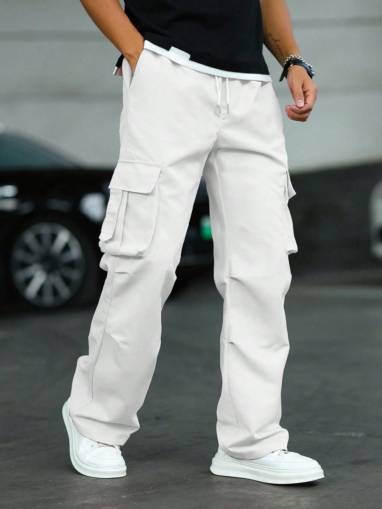 Manfinity Roghcode Pantalon cargo blanc en tissu tressé à jambes larges et longues avec