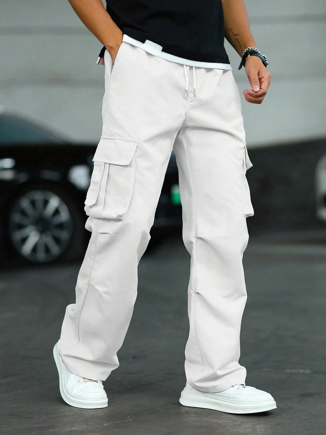 Manfinity Roghcode Pantalon cargo blanc en tissu tressé à jambes larges et longues avec