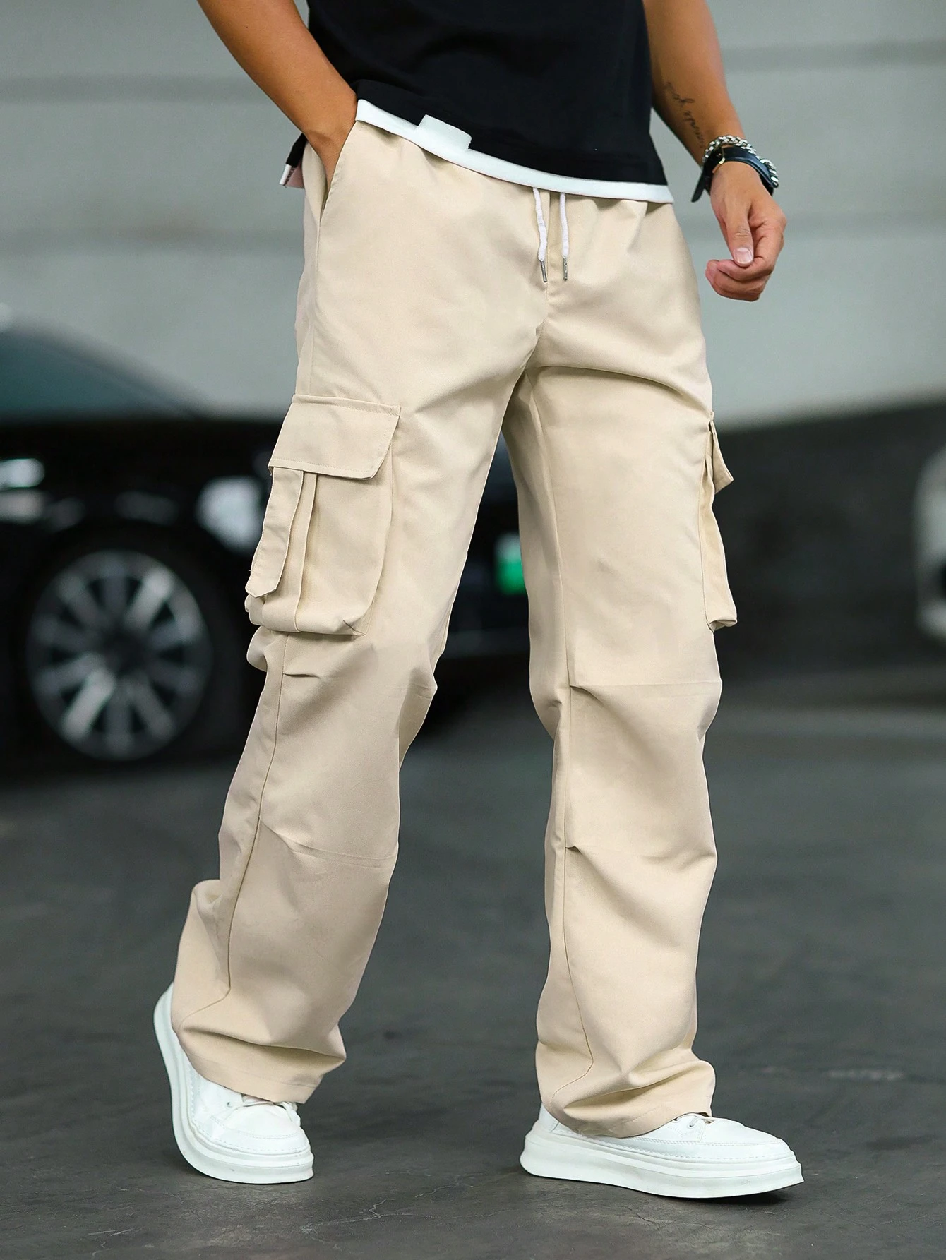 Manfinity Roghcode Pantalon cargo blanc en tissu tressé à jambes larges et longues avec — vue 4