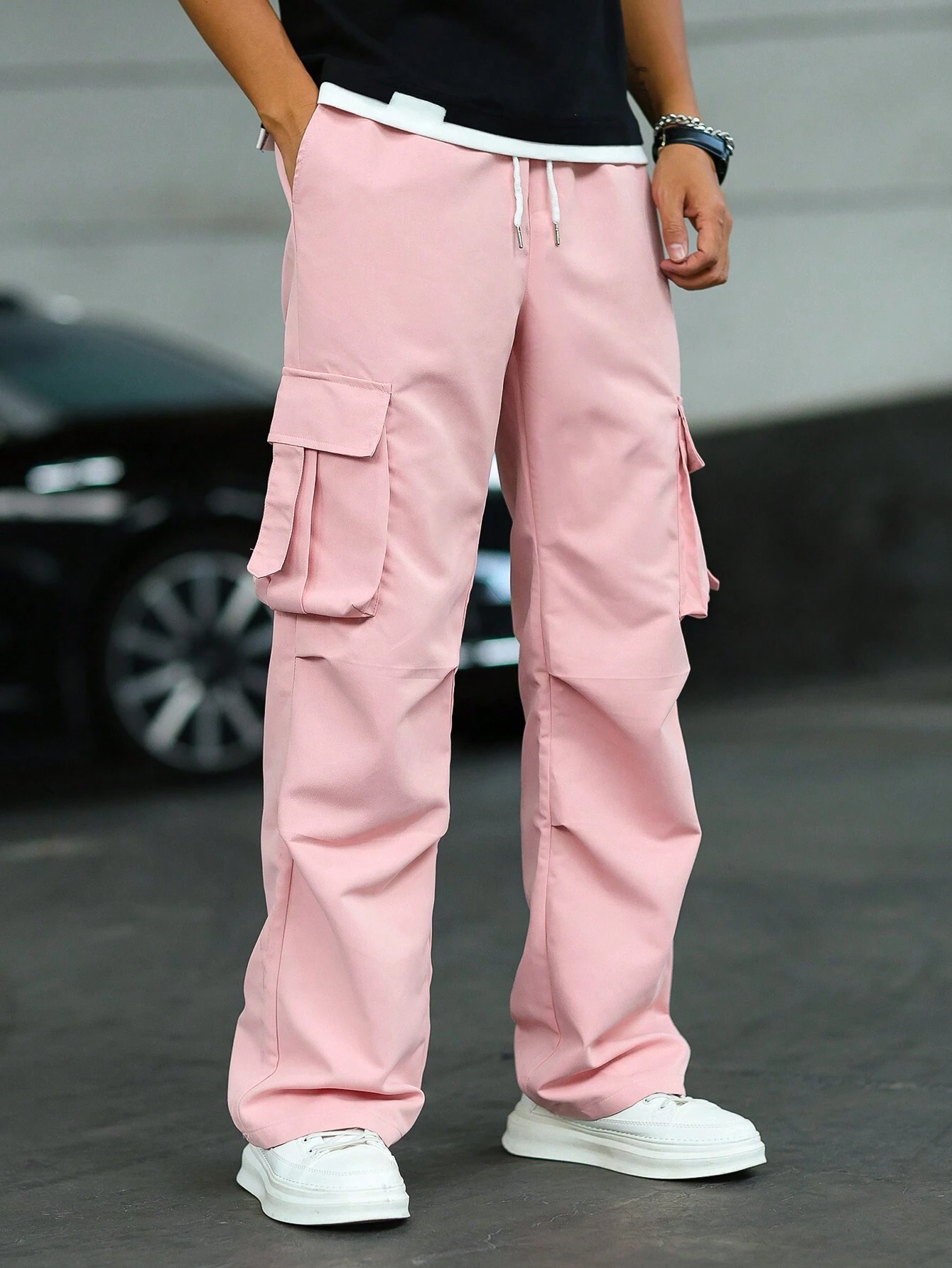 Manfinity Roghcode Pantalon cargo blanc en tissu tressé à jambes larges et longues avec — vue 11
