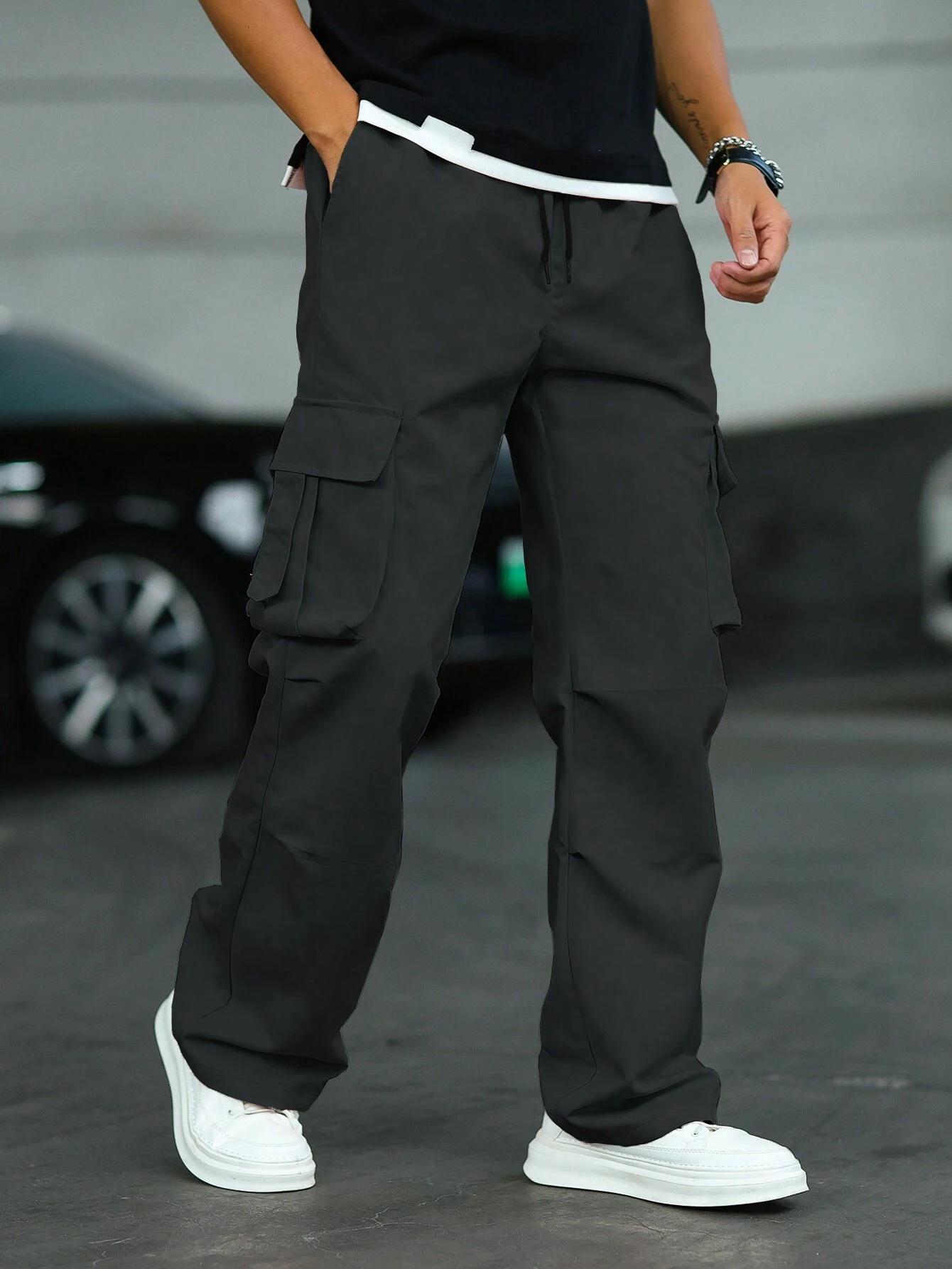 Manfinity Roghcode Pantalon cargo blanc en tissu tressé à jambes larges et longues avec — vue 12