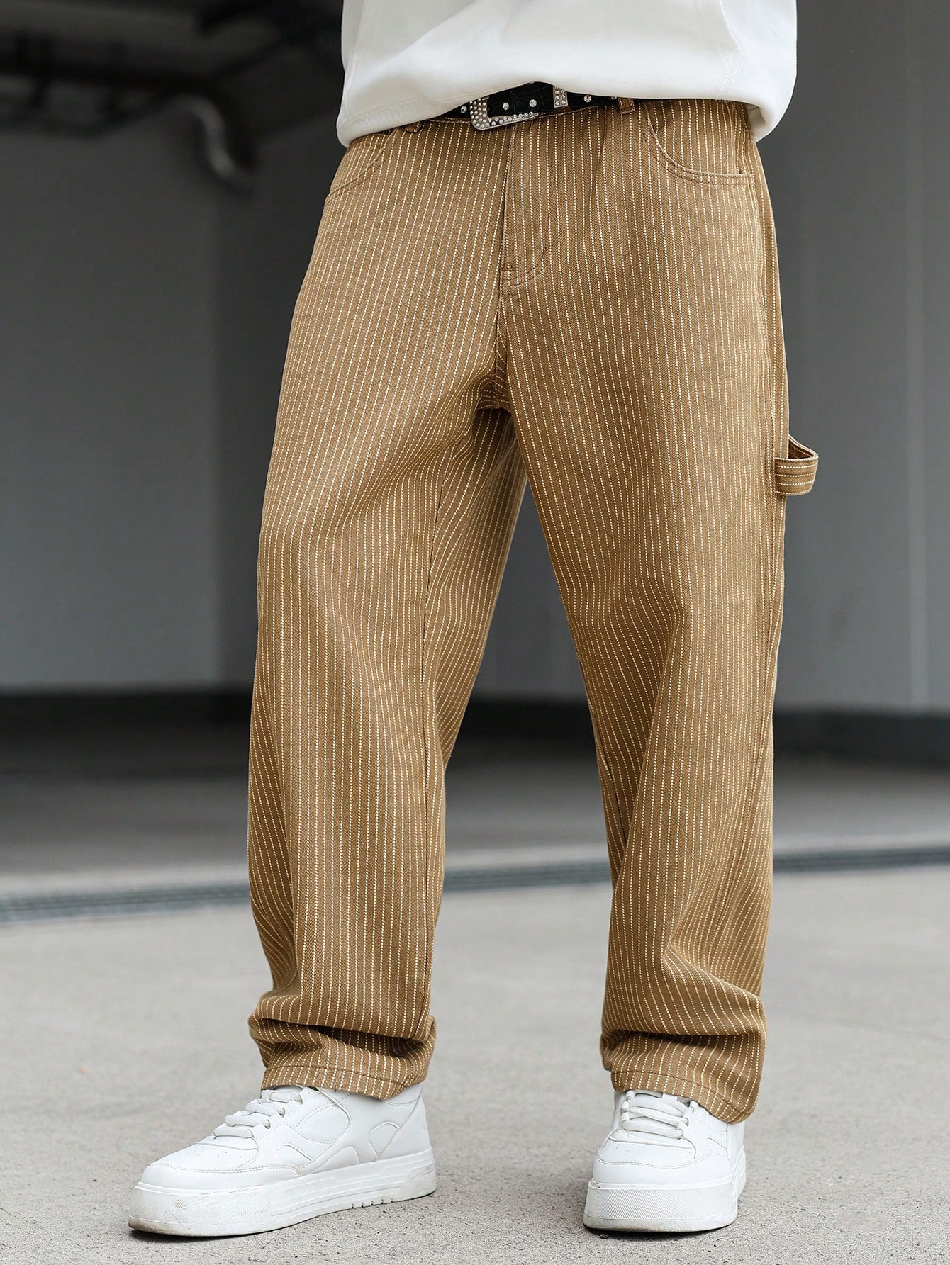 QuarKem Jeans cargo kaki à rayures verticales et multi-poches, style décontracté pour — vue 3