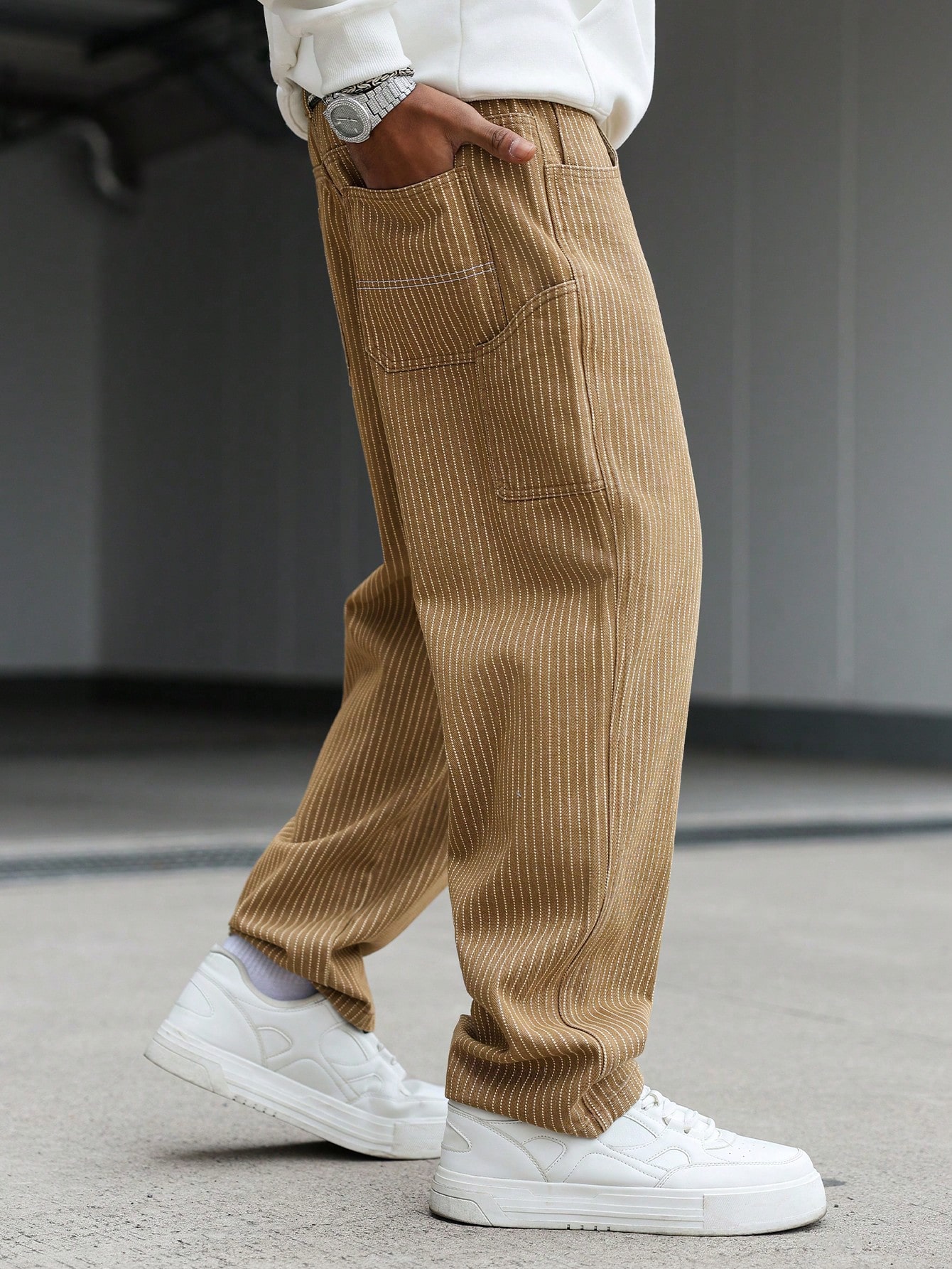 QuarKem Jeans cargo kaki à rayures verticales et multi-poches, style décontracté pour — vue 6