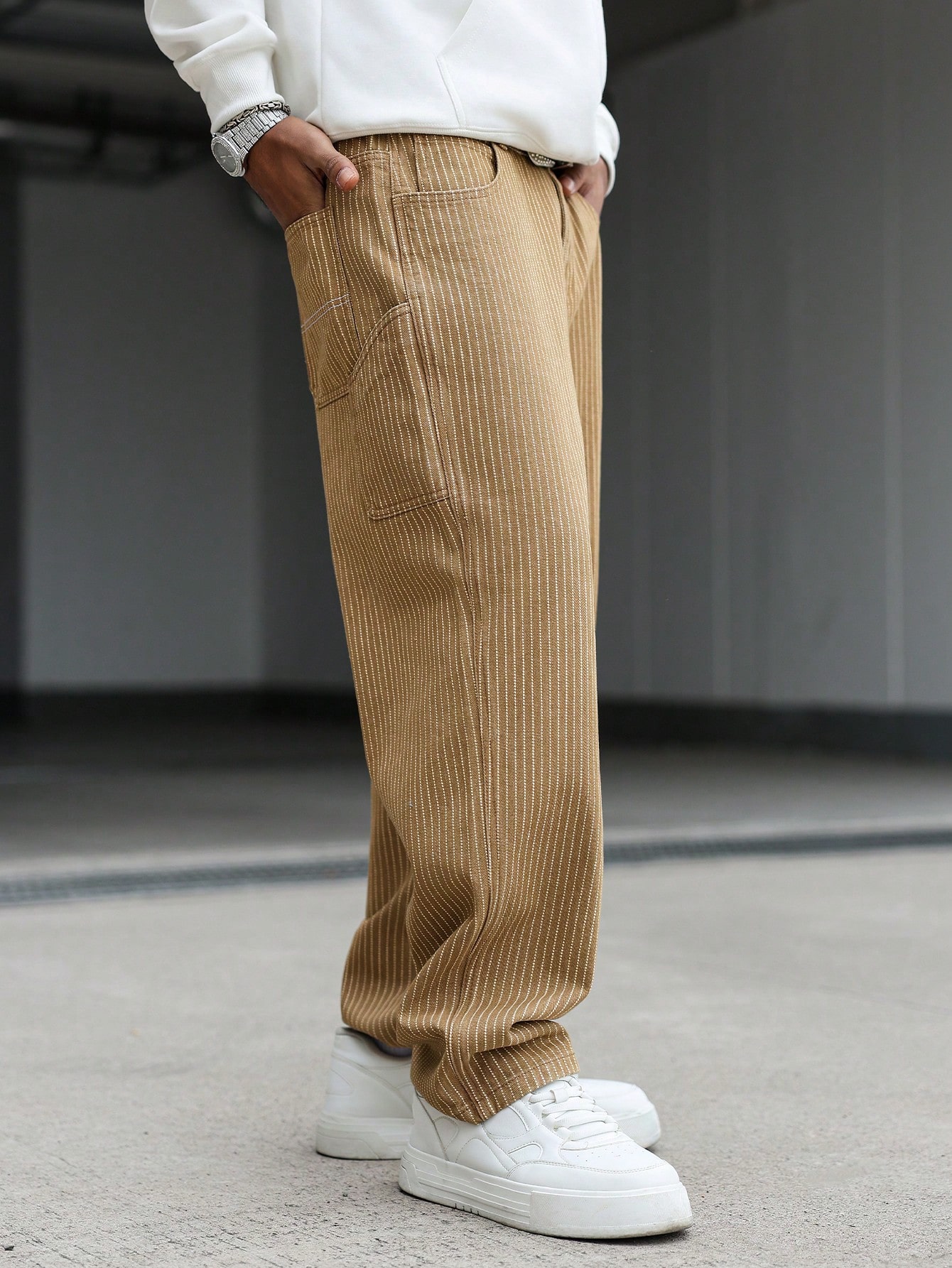 QuarKem Jeans cargo kaki à rayures verticales et multi-poches, style décontracté pour — vue 5