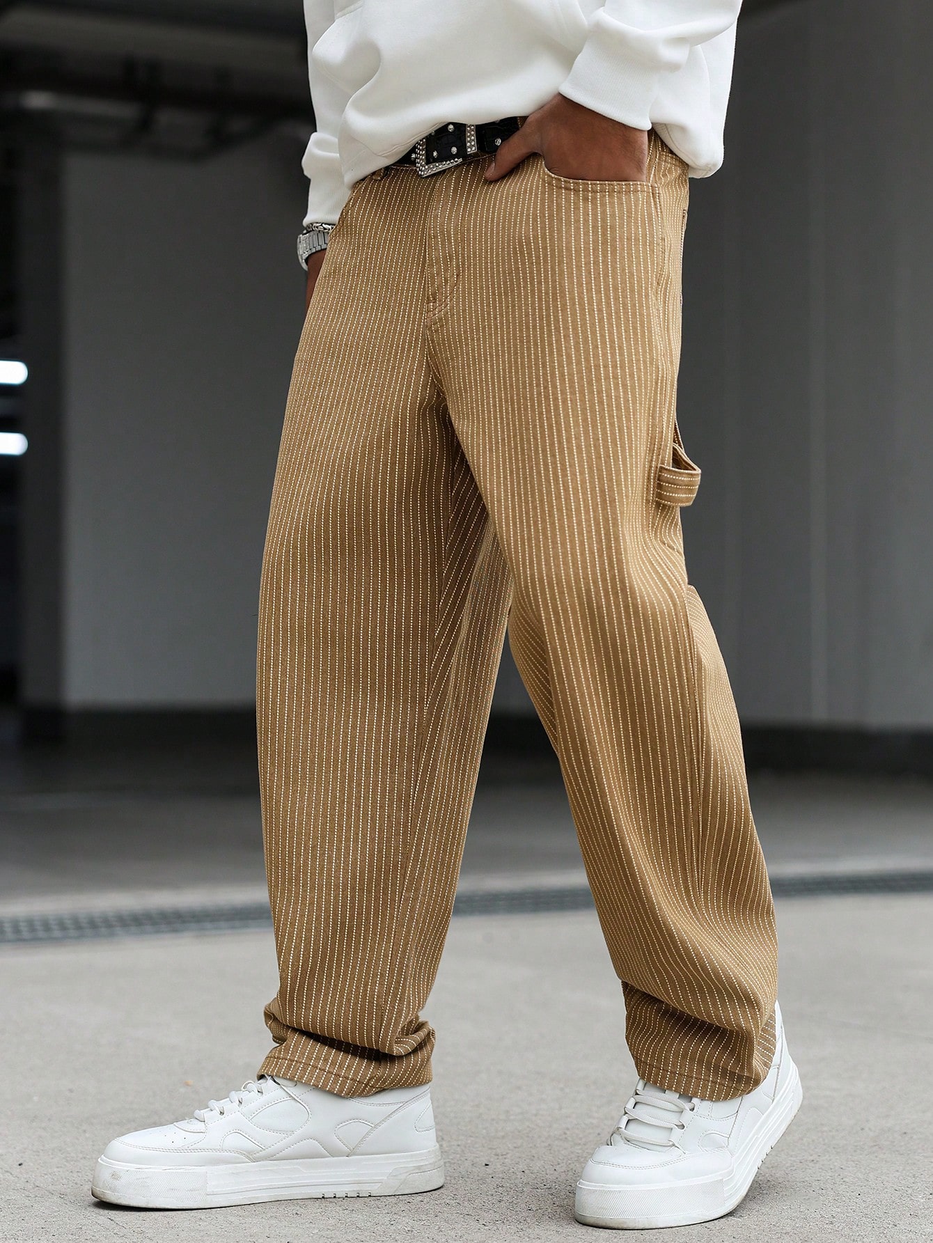 QuarKem Jeans cargo kaki à rayures verticales et multi-poches, style décontracté pour — vue 4