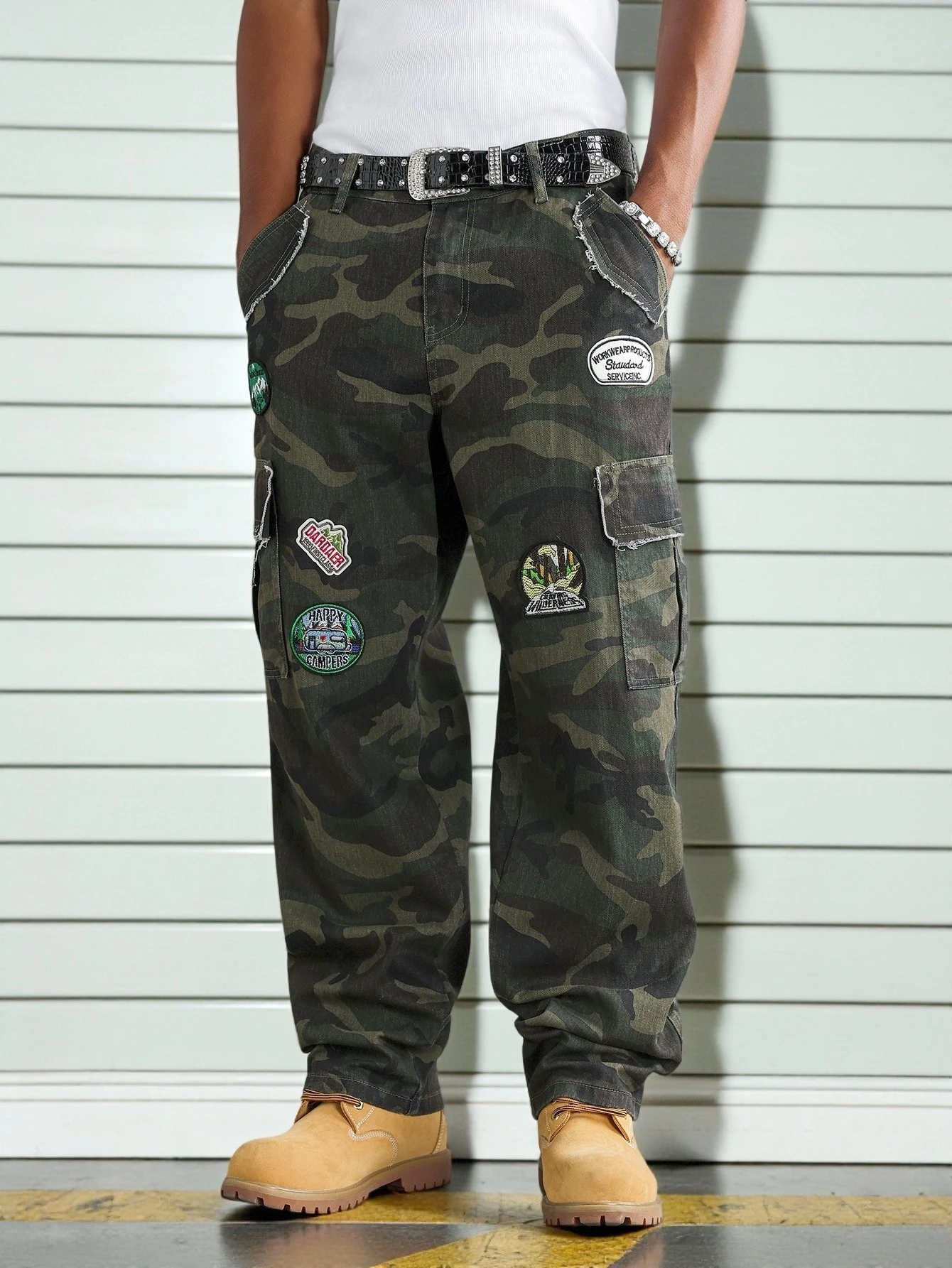 QuarKem Jeans cargo kaki à rayures verticales et multi-poches, style décontracté pour — vue 9