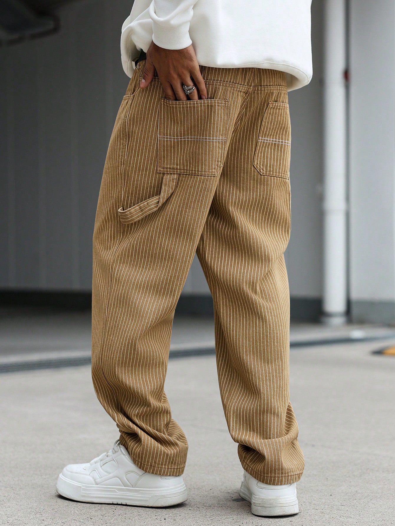 QuarKem Jeans cargo kaki à rayures verticales et multi-poches, style décontracté pour — vue 7