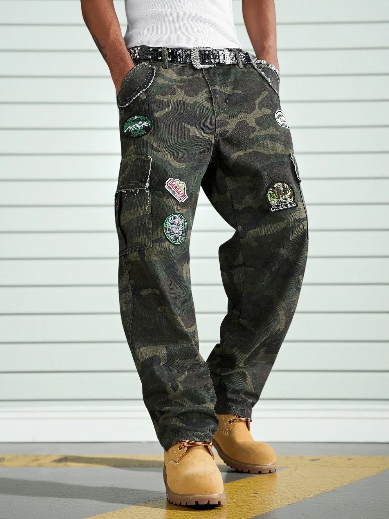 QuarKem Jeans cargo kaki à rayures verticales et multi-poches, style décontracté pour — vue 11