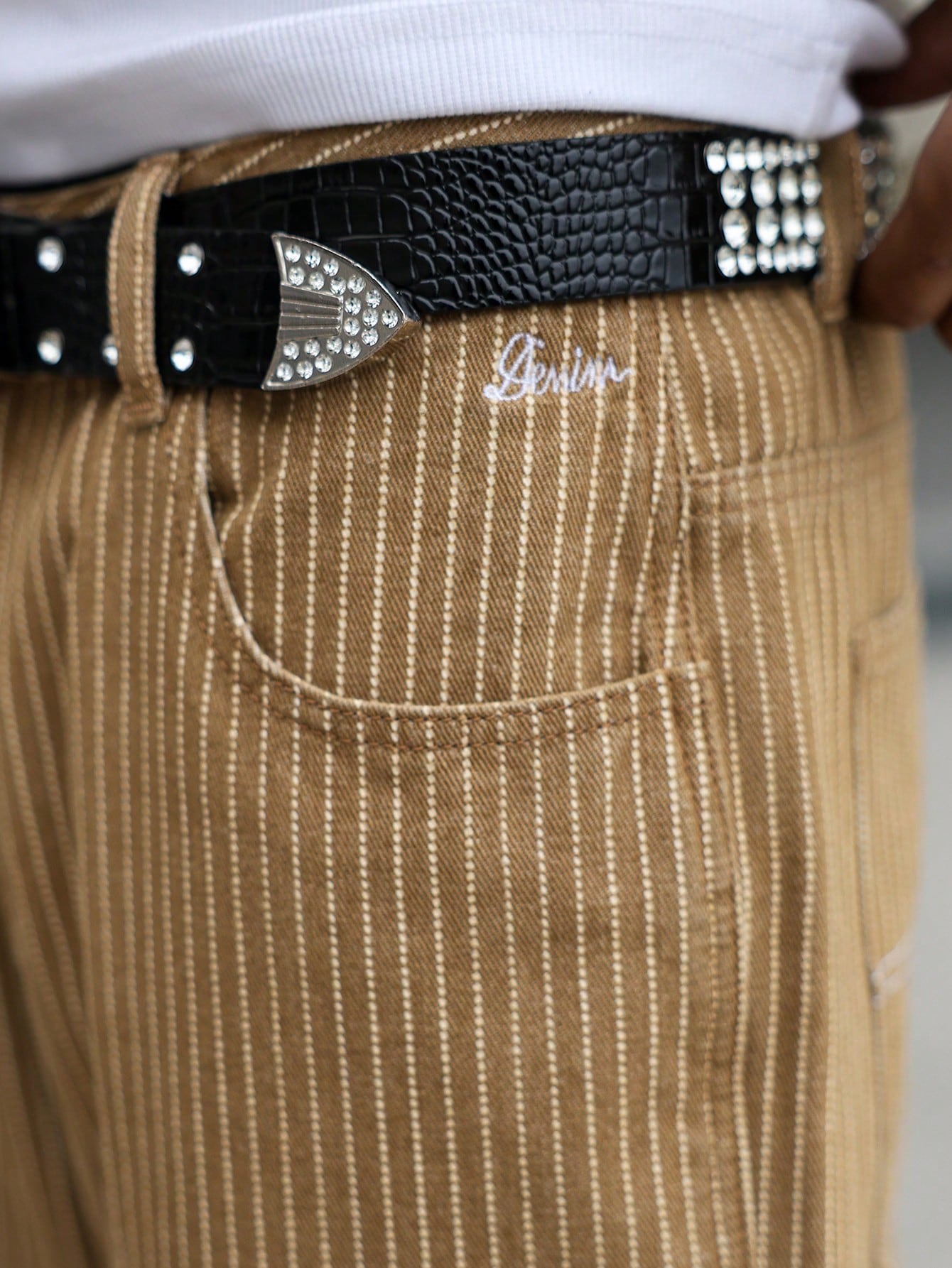 QuarKem Jeans cargo kaki à rayures verticales et multi-poches, style décontracté pour — vue 8