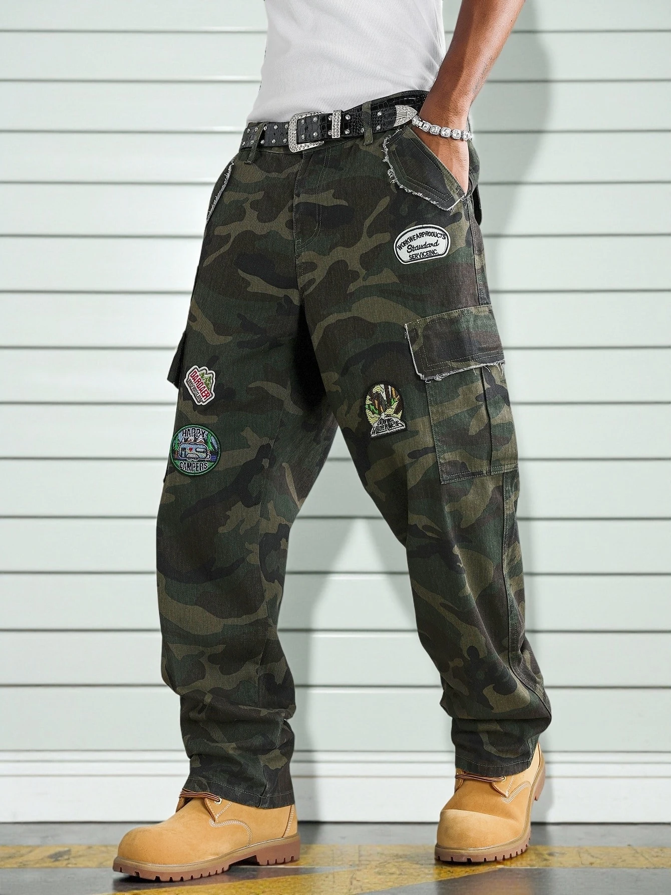 QuarKem Jeans cargo kaki à rayures verticales et multi-poches, style décontracté pour — vue 12
