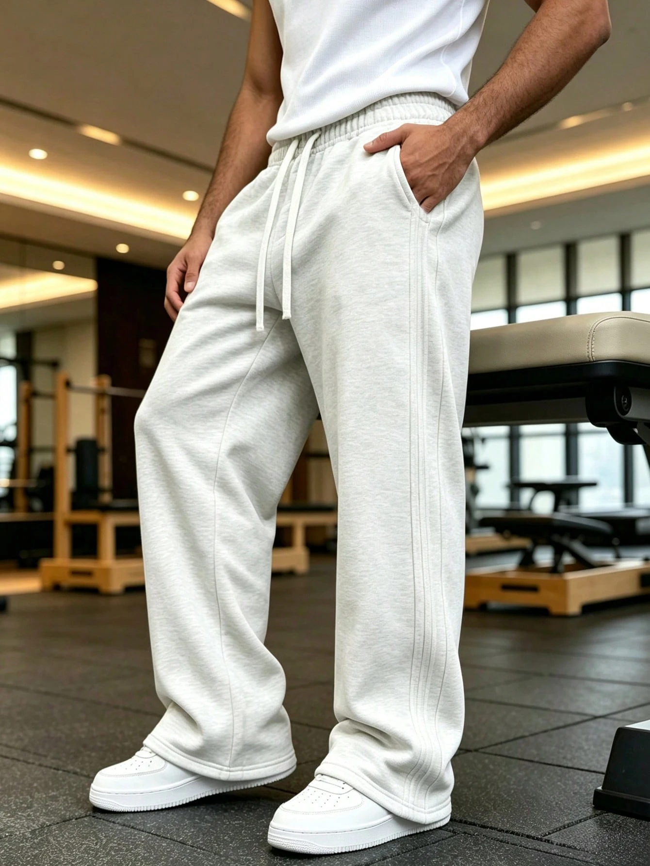 Pantalon de survêtement de sport à jambes larges, doux, respirant et drapé pour hommes, — vue 11
