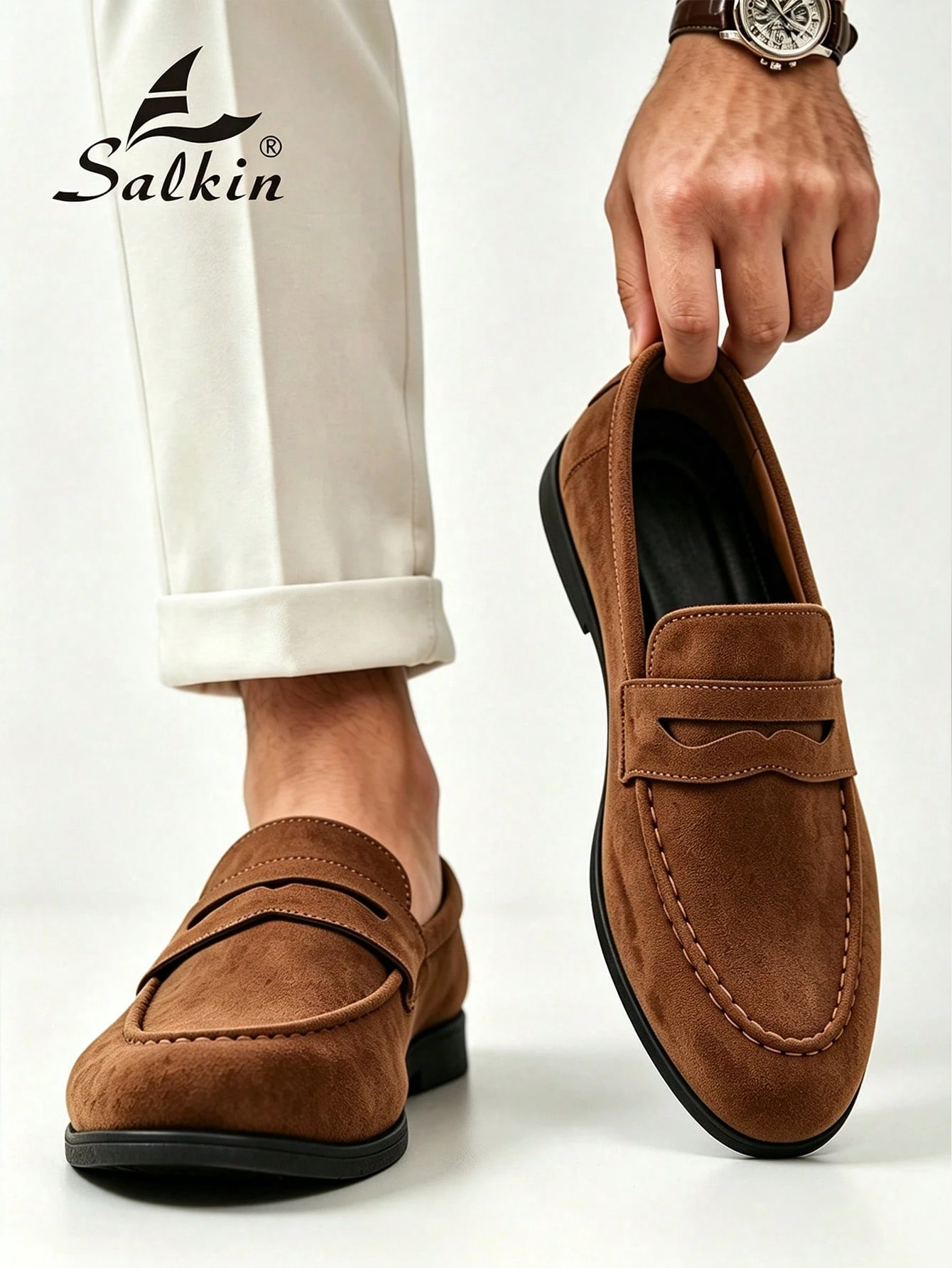 Salkin Mocassins Penny classiques de designer pour hommes, à enfiler, couleur unie, en