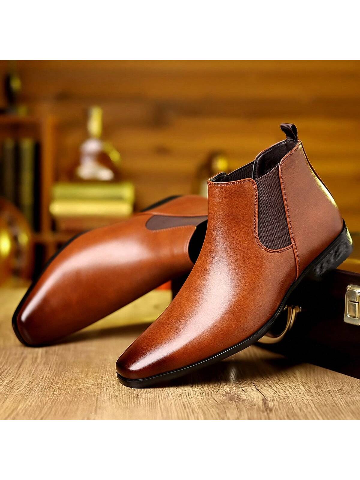 1 paire de bottes décontractées pour hommes, tige haute, bout rond, à enfiler, tige en — vue 5
