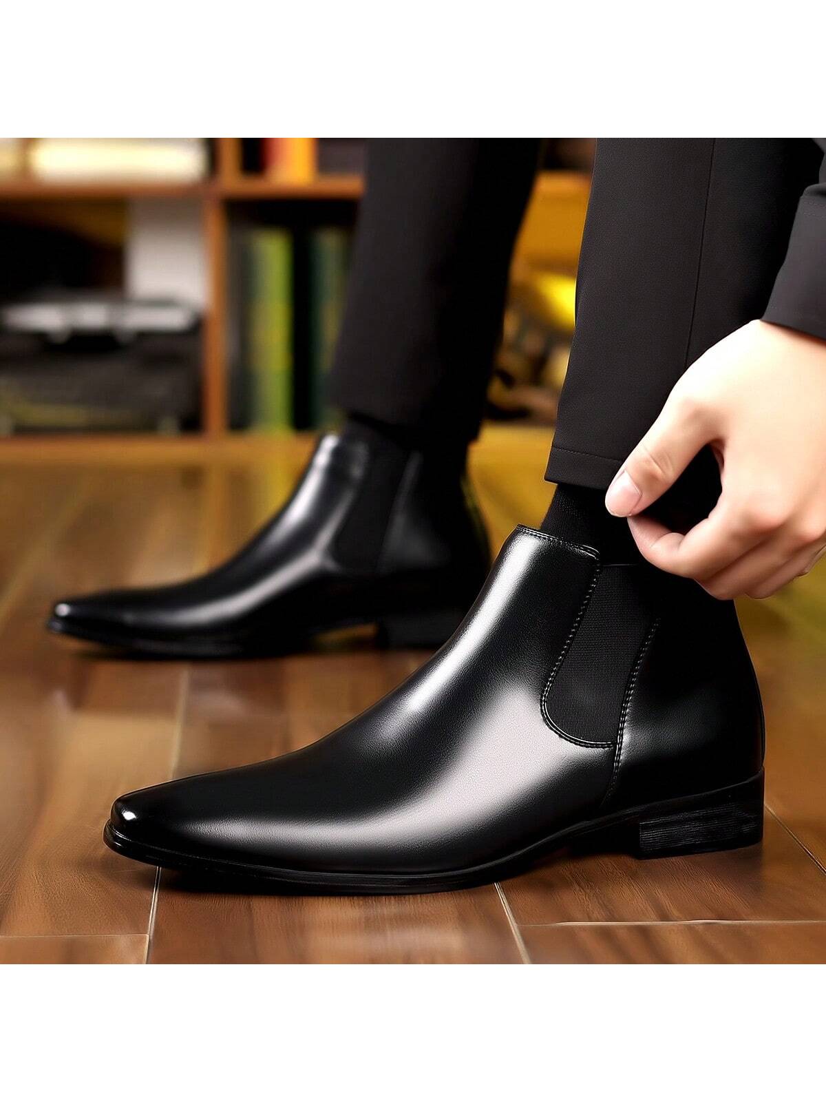 1 paire de bottes décontractées pour hommes, tige haute, bout rond, à enfiler, tige en — vue 3