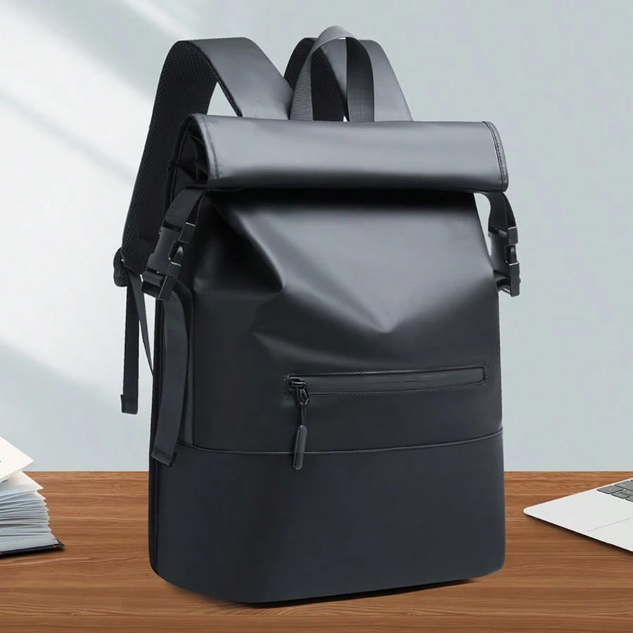 Nouveau sac à dos noir imperméable avec rabat pour hommes, sac d'ordinateur portable pour