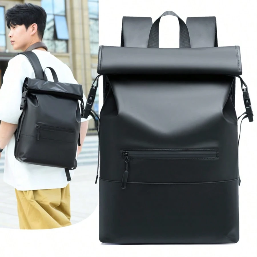 Nouveau sac à dos noir imperméable avec rabat pour hommes, sac d'ordinateur portable pour — vue 11