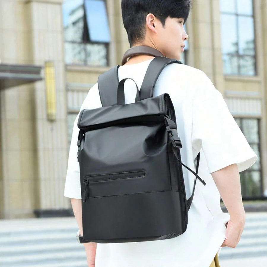 Nouveau sac à dos noir imperméable avec rabat pour hommes, sac d'ordinateur portable pour — vue 8