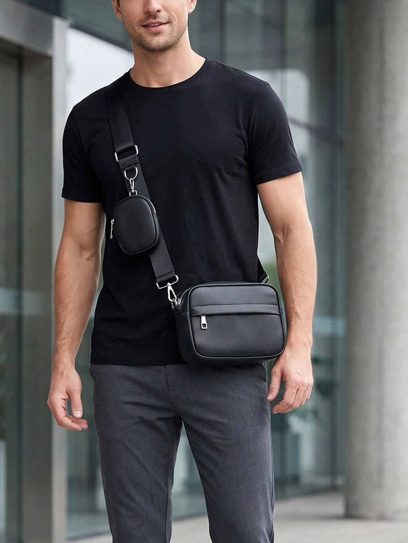 Ensemble de 2 pièces de sac bandoulière mini pour hommes, porte-monnaie en PU, sac à — vue 2