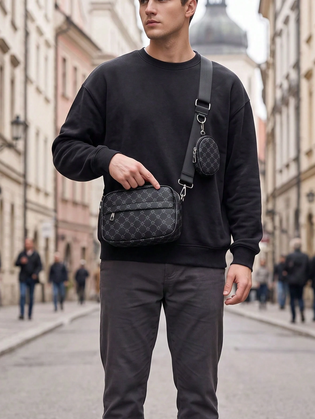 Ensemble de 2 pièces de sac bandoulière mini pour hommes, porte-monnaie en PU, sac à — vue 11