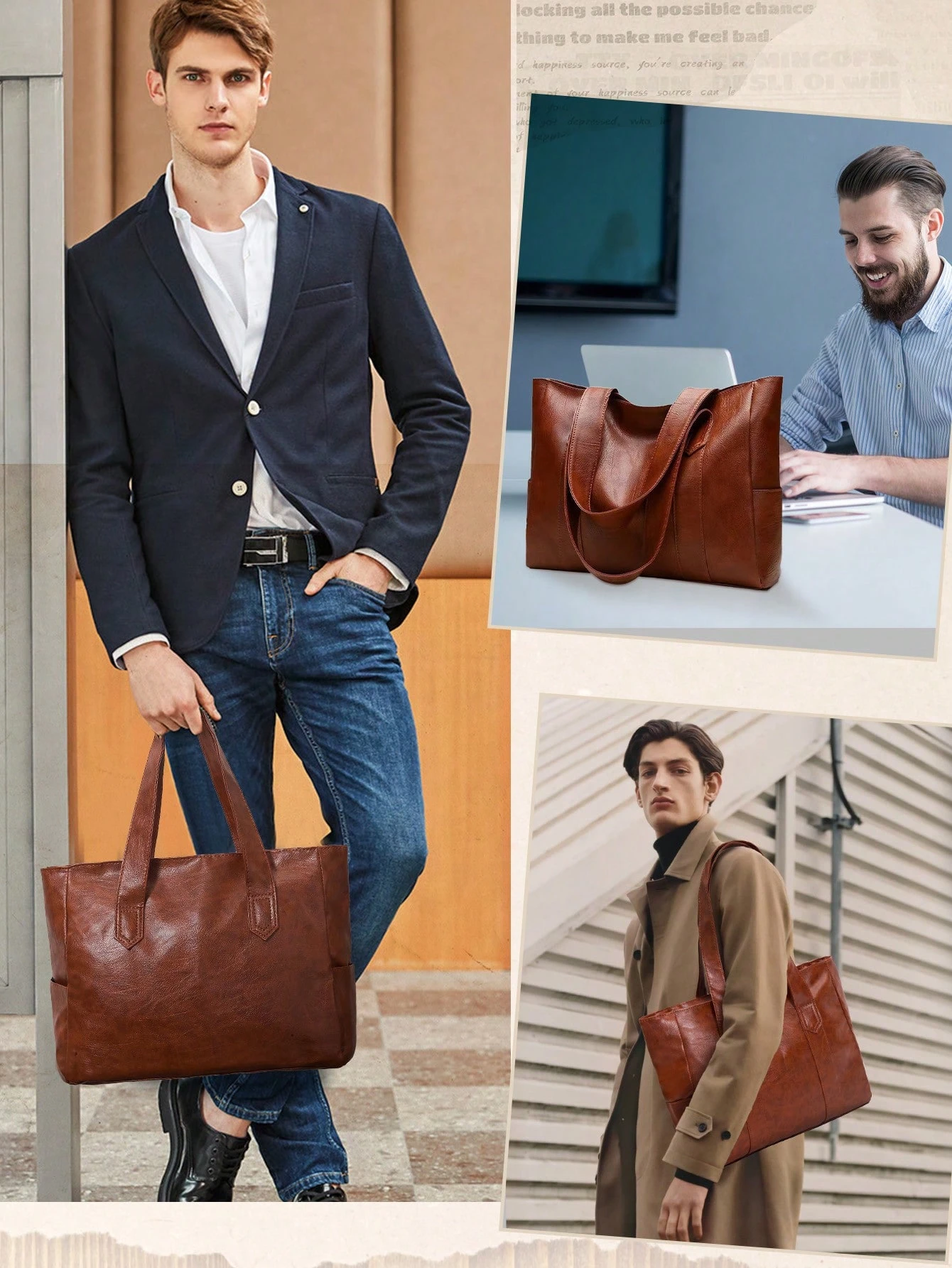 NEWHEY Petit sac à main minimaliste pour hommes - Sac fourre-tout en PU, sac de travail — vue 3