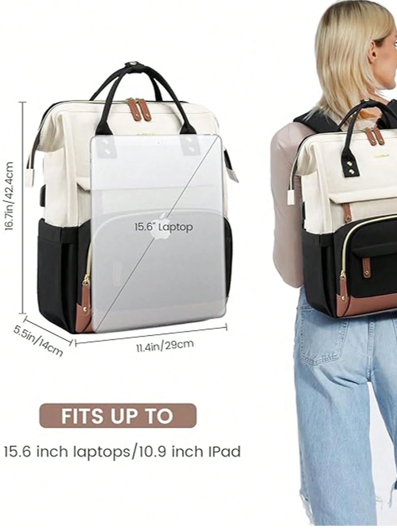Sac à dos pour femme, sac à dos pour ordinateur portable 15,6 pouces, sac à dos étanche — vue 2