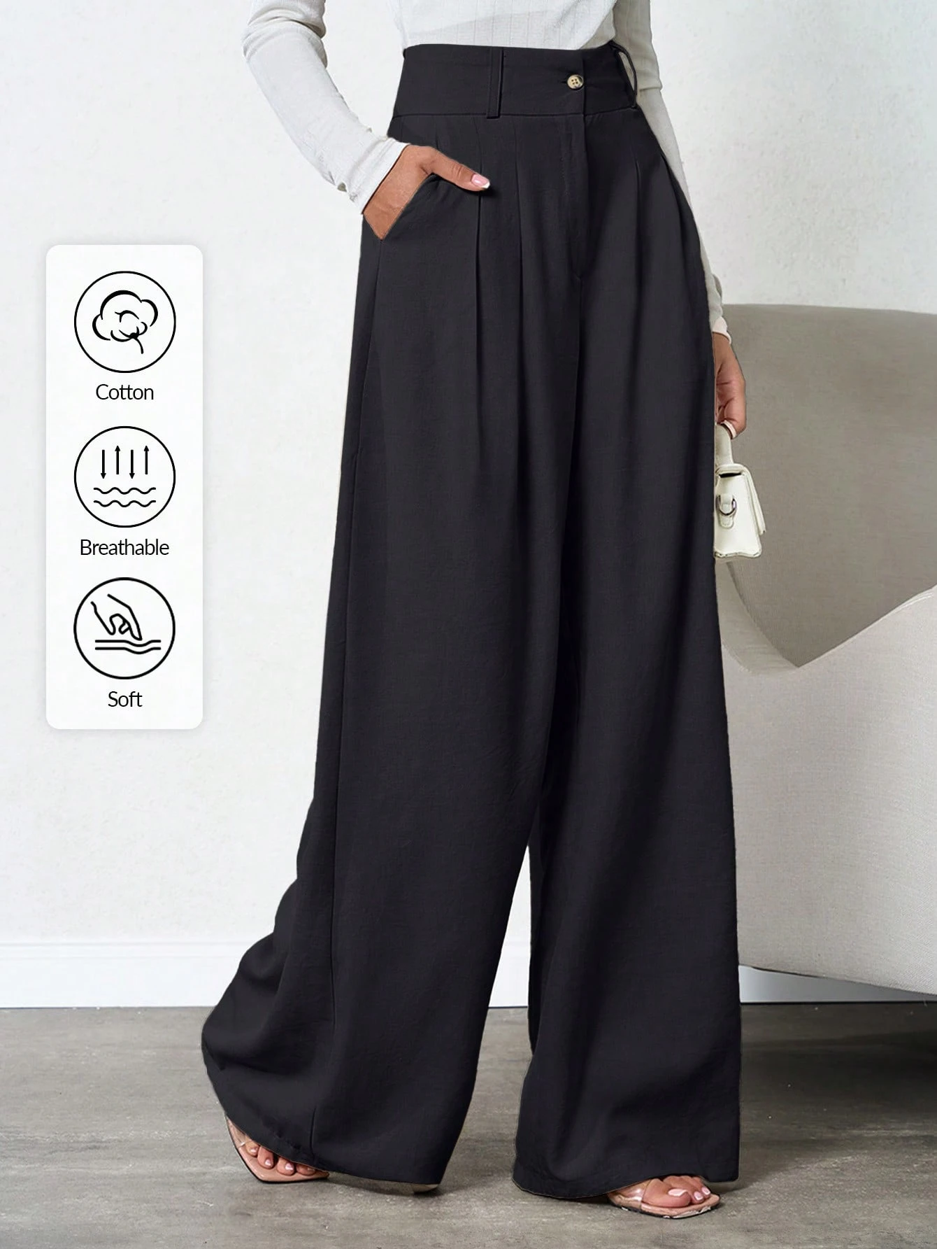 Tall Pantalon en lin plissé profond de couleur unie pour femmes, pour femmes — vue 2