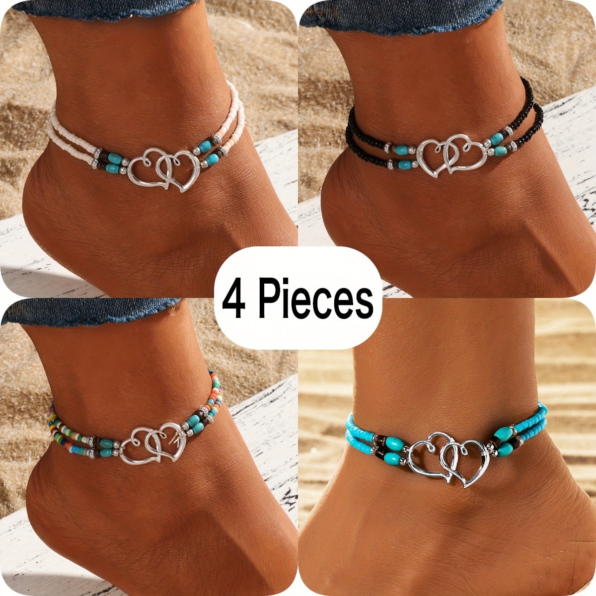 Ensemble 4 bracelets cheville boho multicolores — vue 5