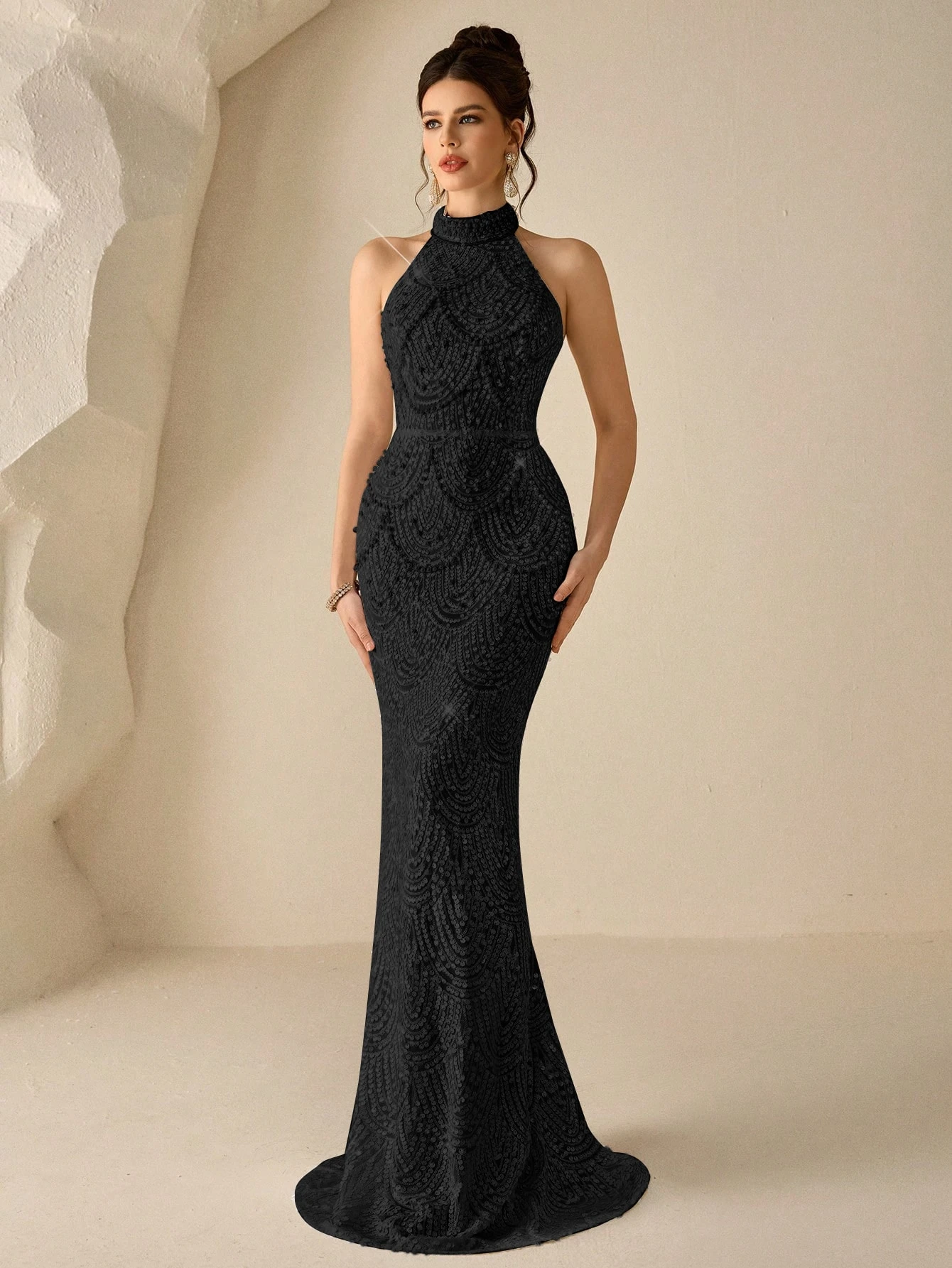 Elovaire Robe de soirée formelle élégante de style Reine, col montant, sans manches, — vue 2