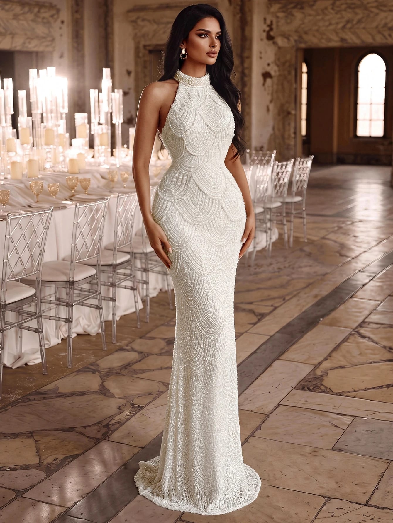 Elovaire Robe de soirée formelle élégante de style Reine, col montant, sans manches,