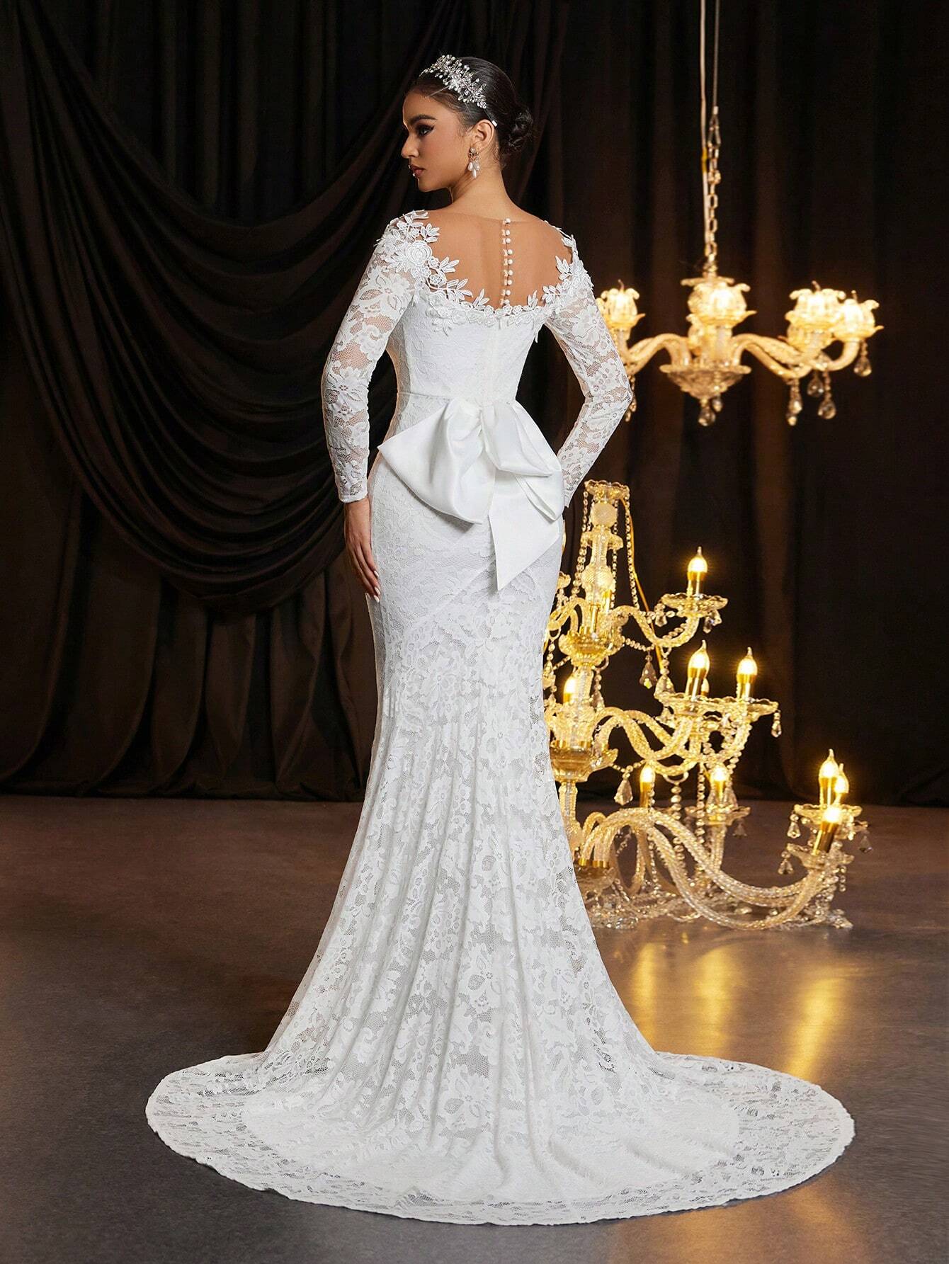 Glamrae Robe de mariée élégante et romantique en dentelle avec motif floral, manches