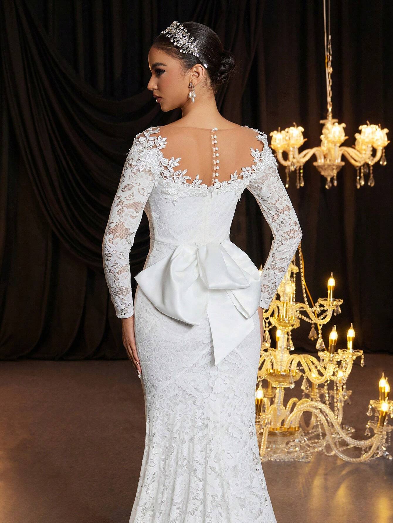 Glamrae Robe de mariée élégante et romantique en dentelle avec motif floral, manches — vue 3