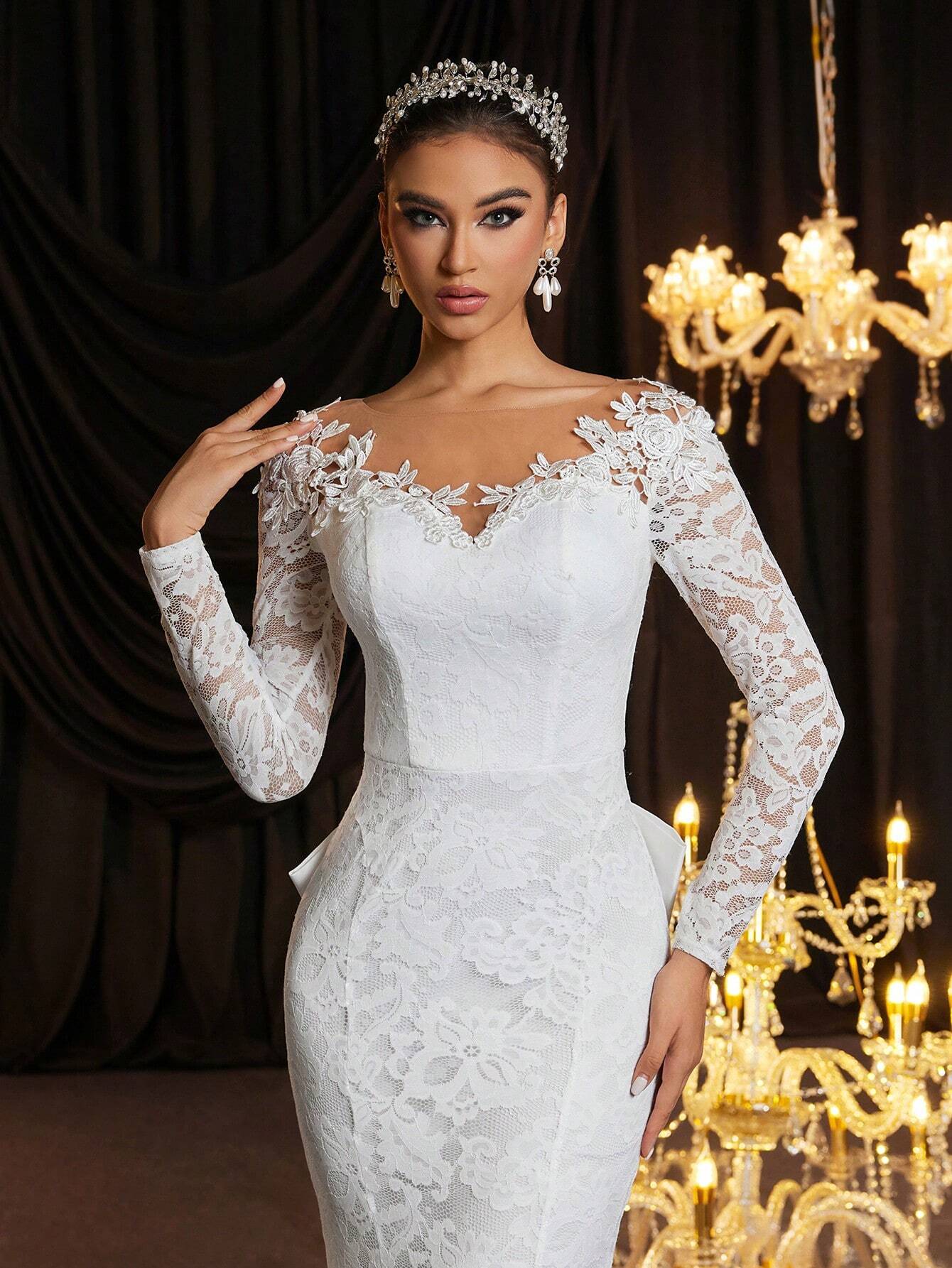 Glamrae Robe de mariée élégante et romantique en dentelle avec motif floral, manches — vue 6