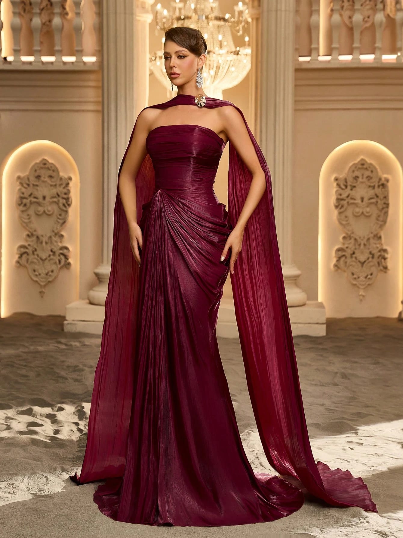 Glamrae Robe de soirée élégante et romantique, sexy, en tissu organza bordeaux avec