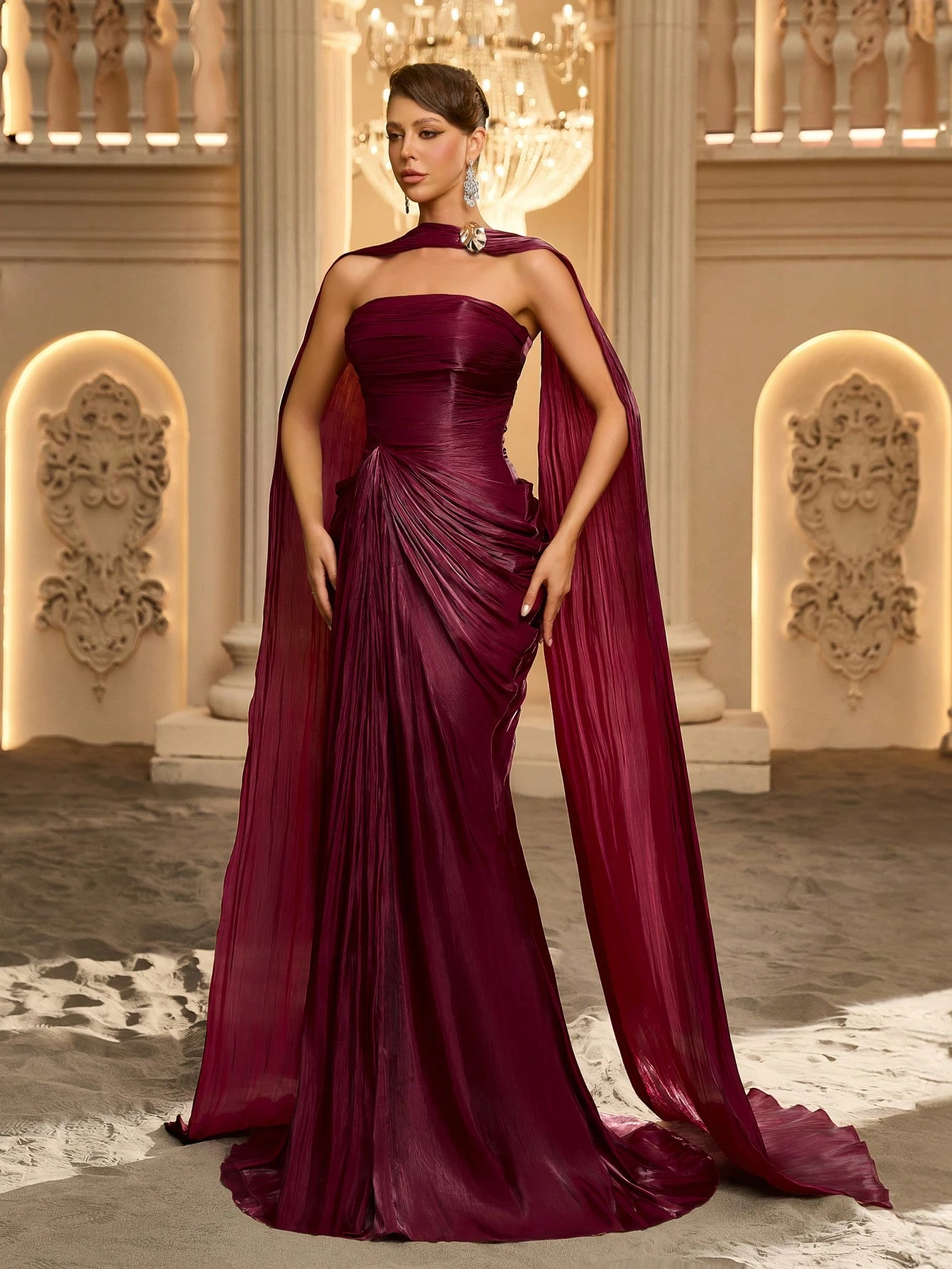Glamrae Robe de soirée élégante et romantique, sexy, en tissu organza bordeaux avec
