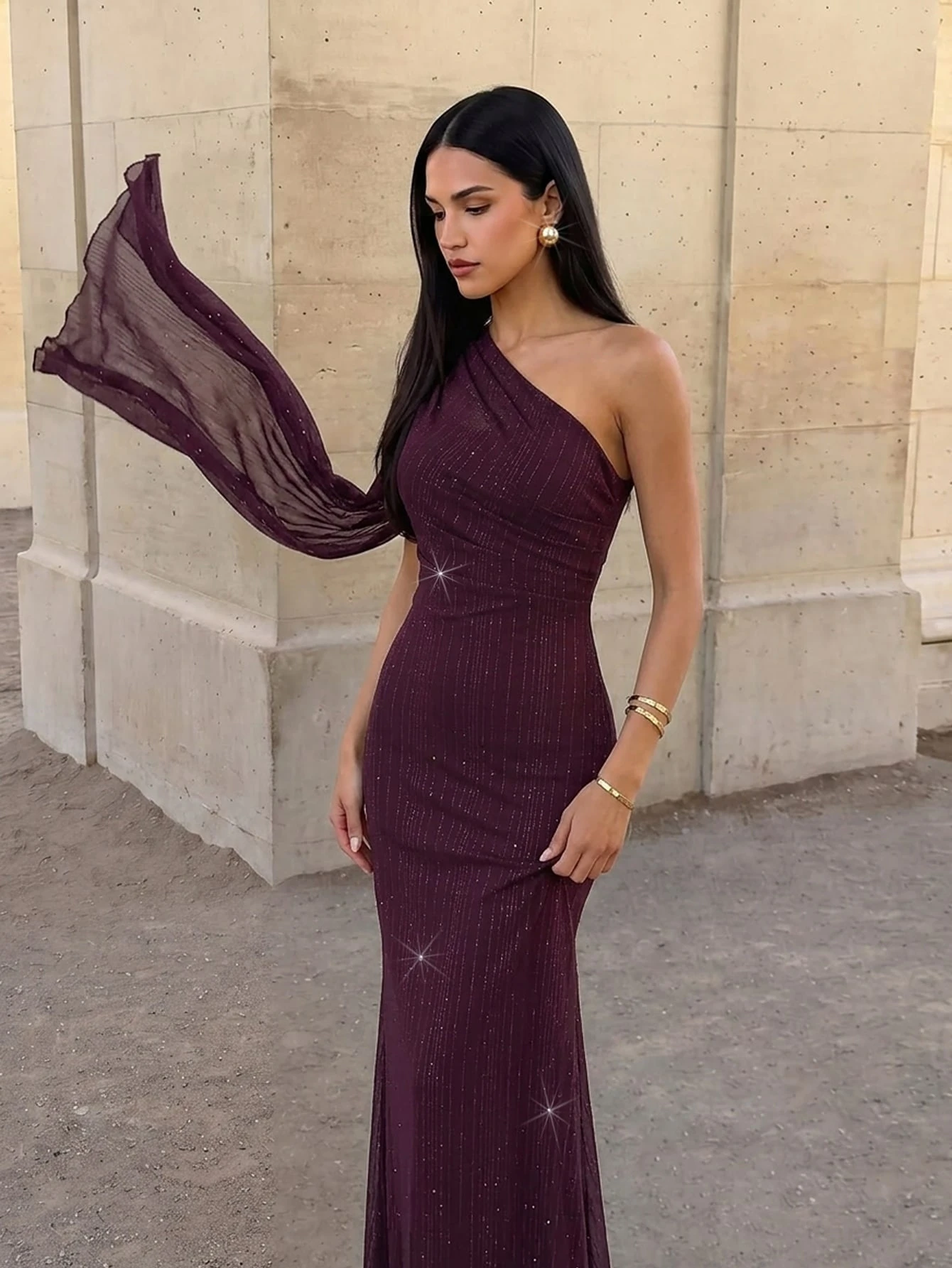 Firerie Robe longue noire asymétrique à l'épaule pour femme, robe élégante d'automne pour — vue 5