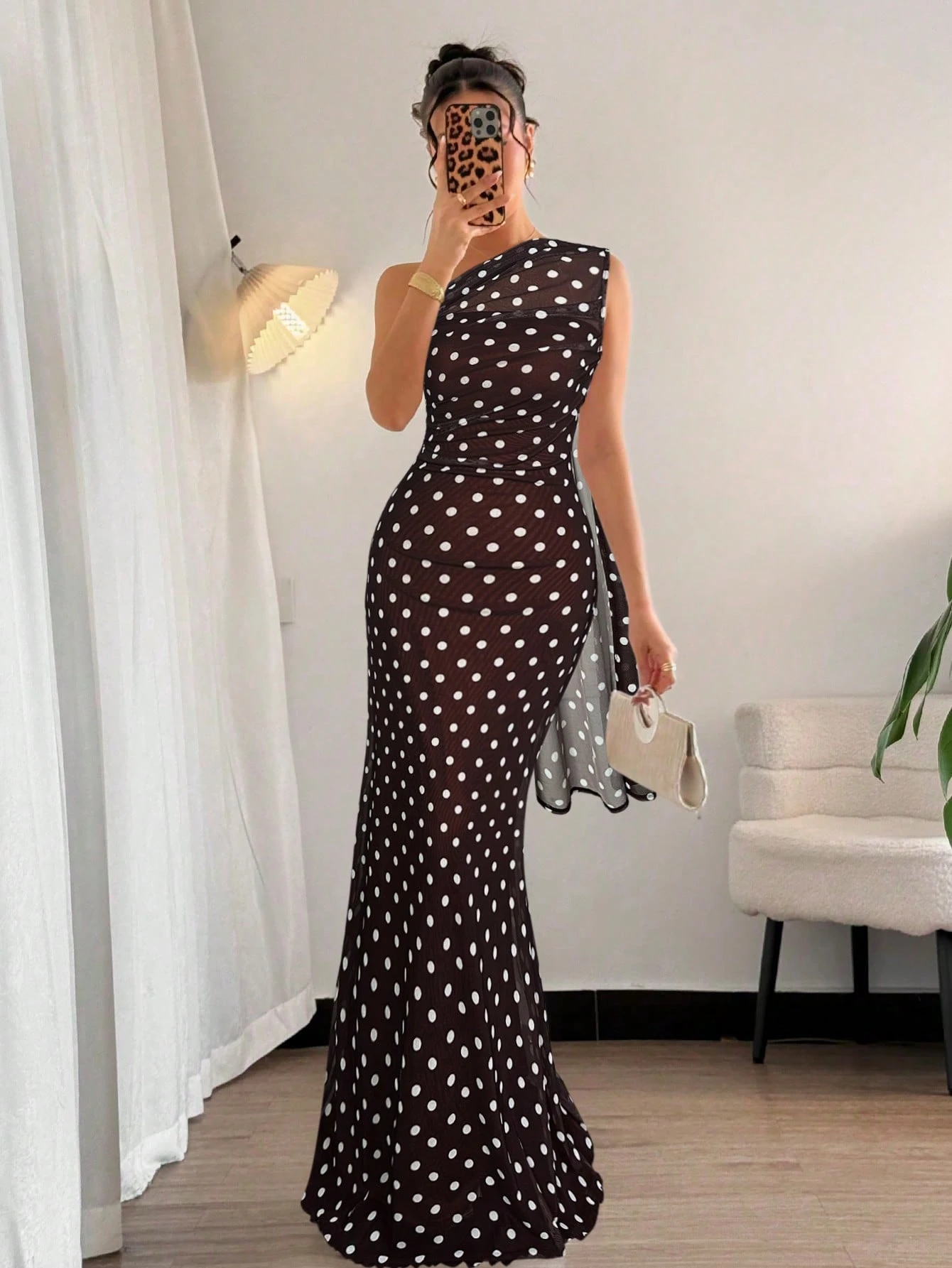 Firerie Robe longue noire asymétrique à l'épaule pour femme, robe élégante d'automne pour — vue 3