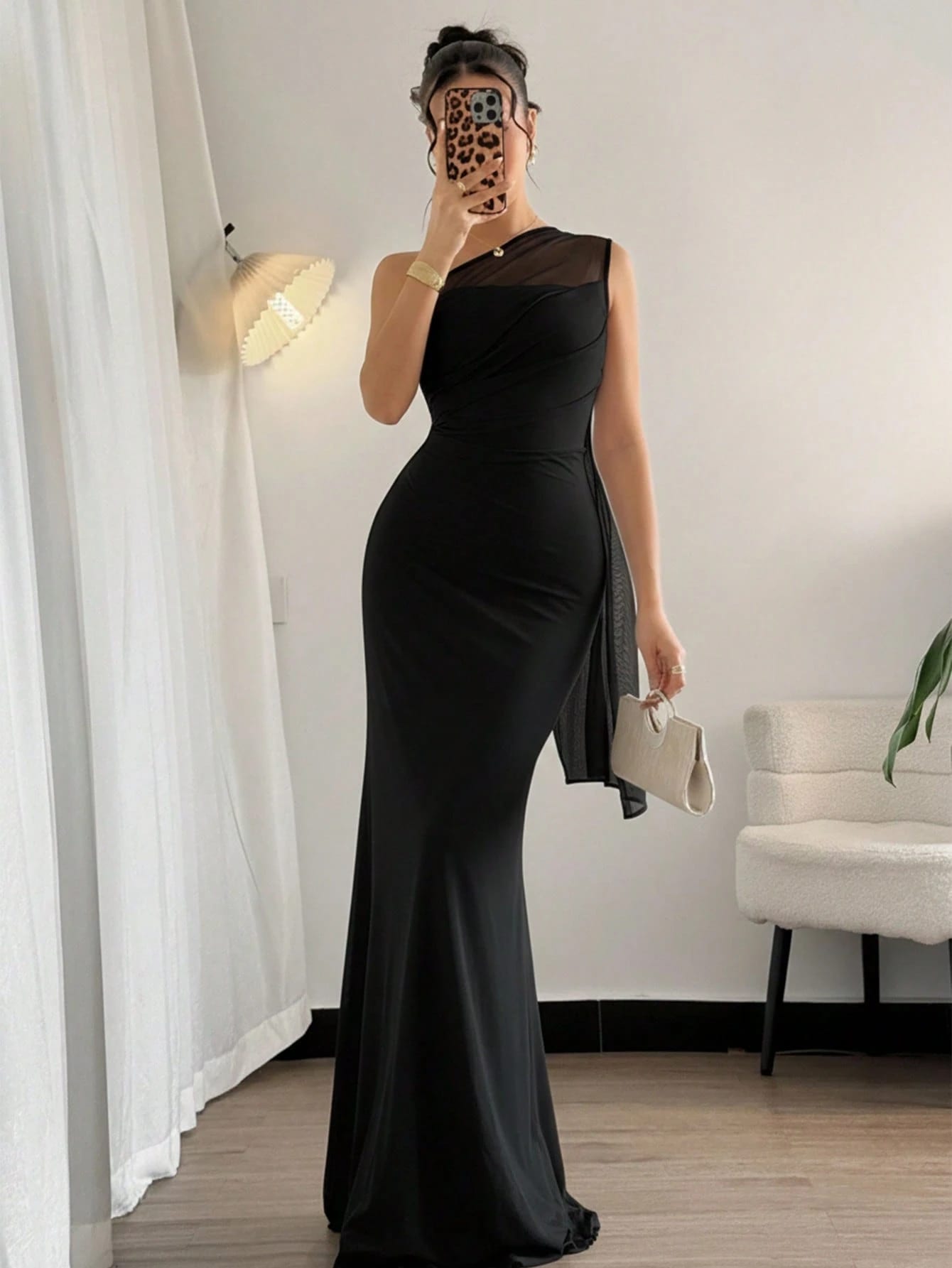 Firerie Robe longue noire asymétrique à l'épaule pour femme, robe élégante d'automne pour