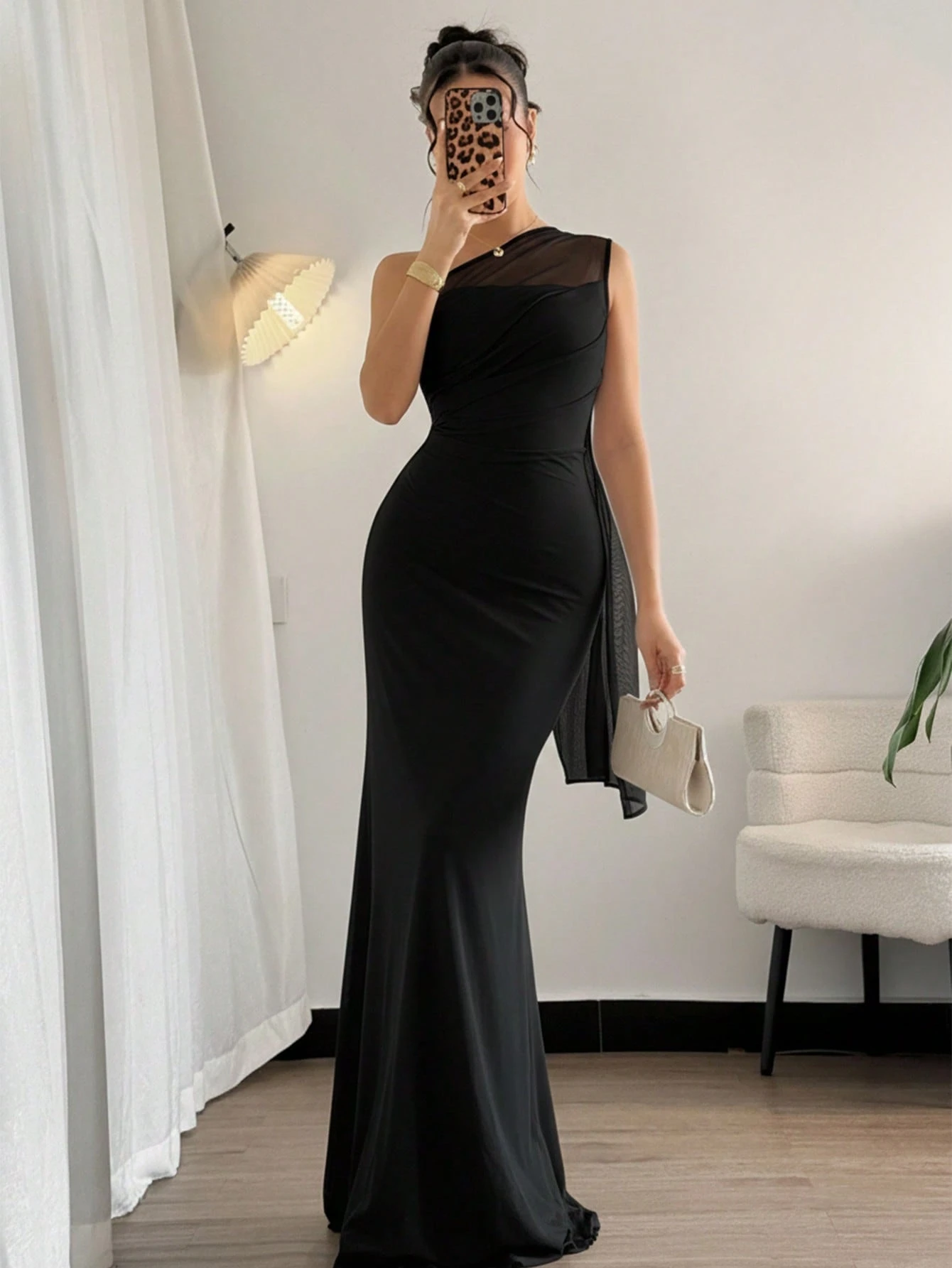 Firerie Robe longue noire asymétrique à l'épaule pour femme, robe élégante d'automne pour